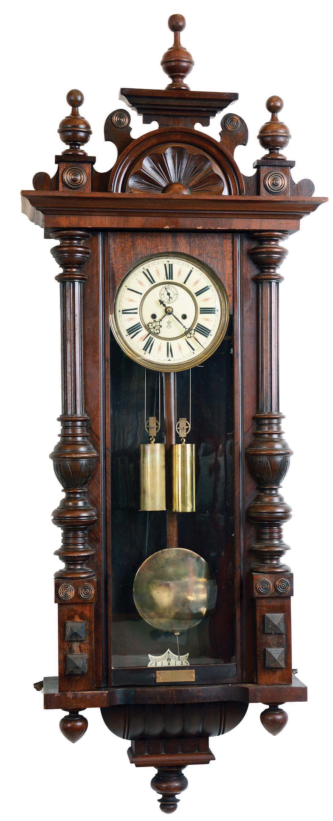 Clocks- 2 (Two) Vienna Regulator 2 Weight German Walnut Wall: Thomas Haller #11102 with multi-color dial; Gustav Becker #1882976, 1908 presentation plate — Antique Clocks Price Guide