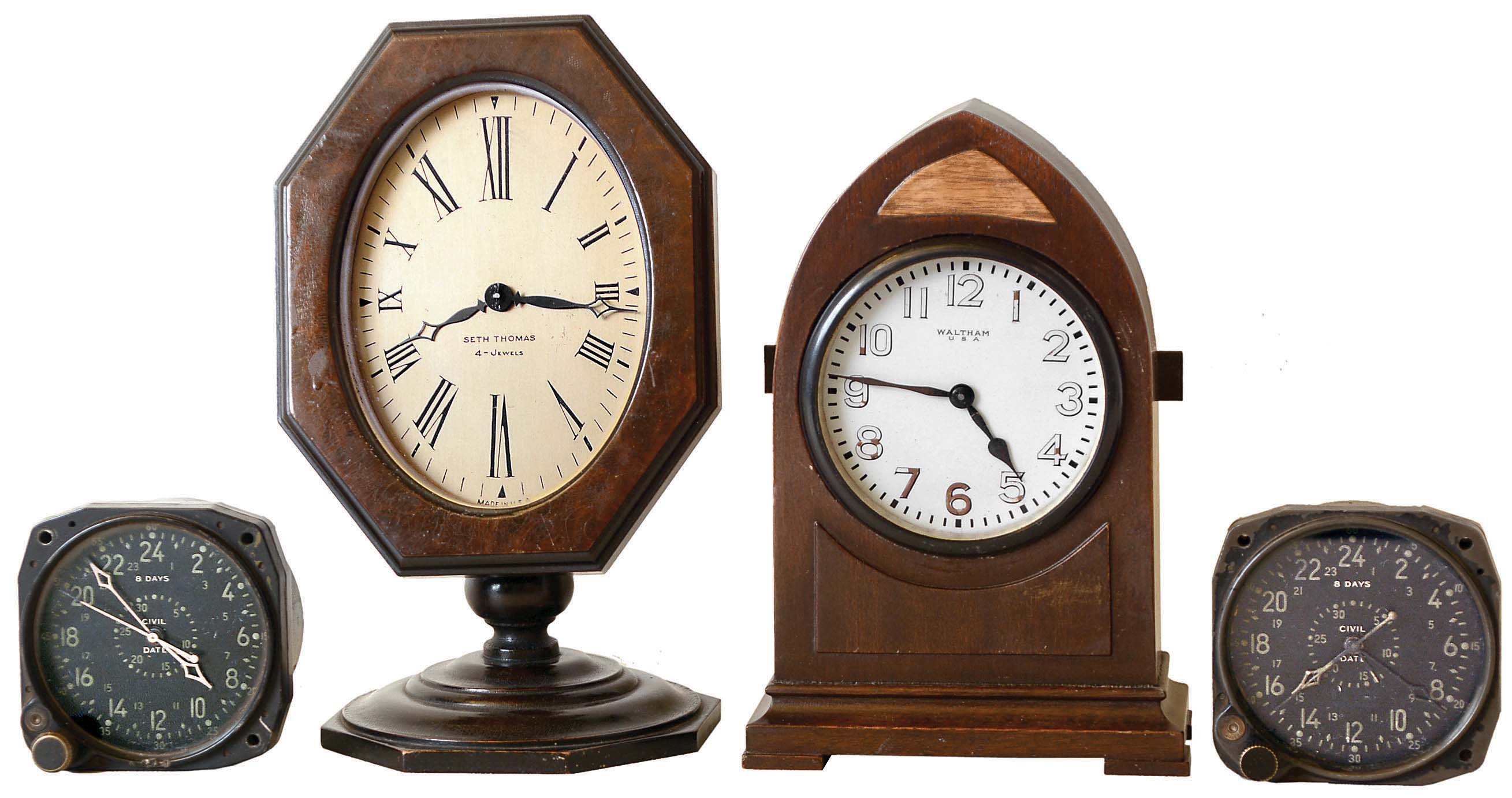 Clocks- 4 (Four) small 8 day time only: 2 Waltham U.S. Navy aircraft; Waltham walnut desk; Seth Thomas 4 jewel tilt-head on turned wood candlestand; mid 20th century — Antique Clocks Price Guide