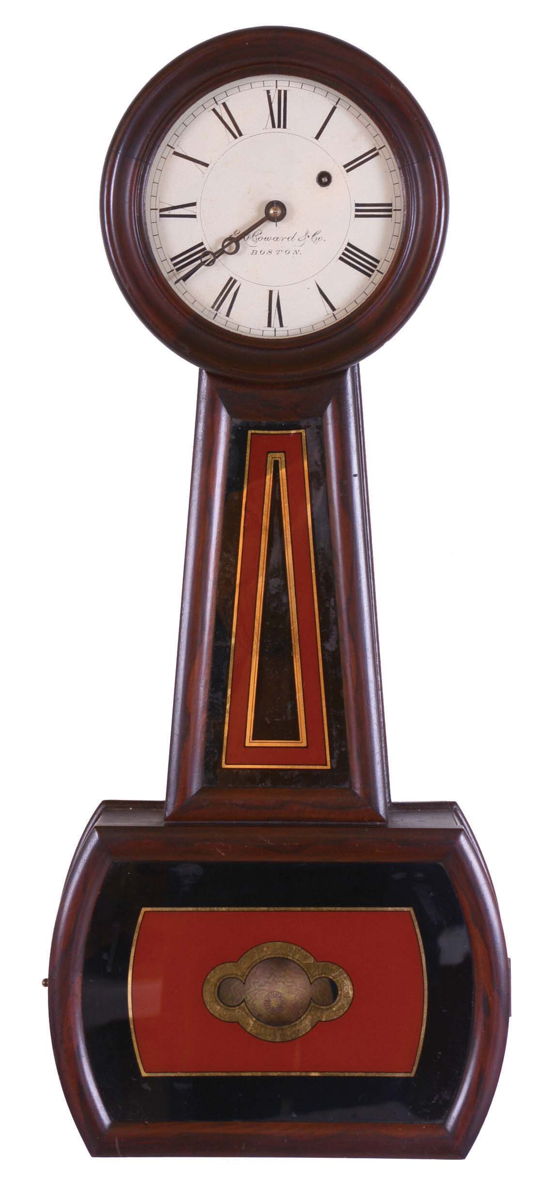 E. Howard & Co., Boston, Mass., "No. 5 Regulator" banjo wall clock, 8 days, time only, weight driven movement in a rosewood grained mahogany case with reverse painted throat and lower tablet and painted metal dial — Antique Clocks Price Guide