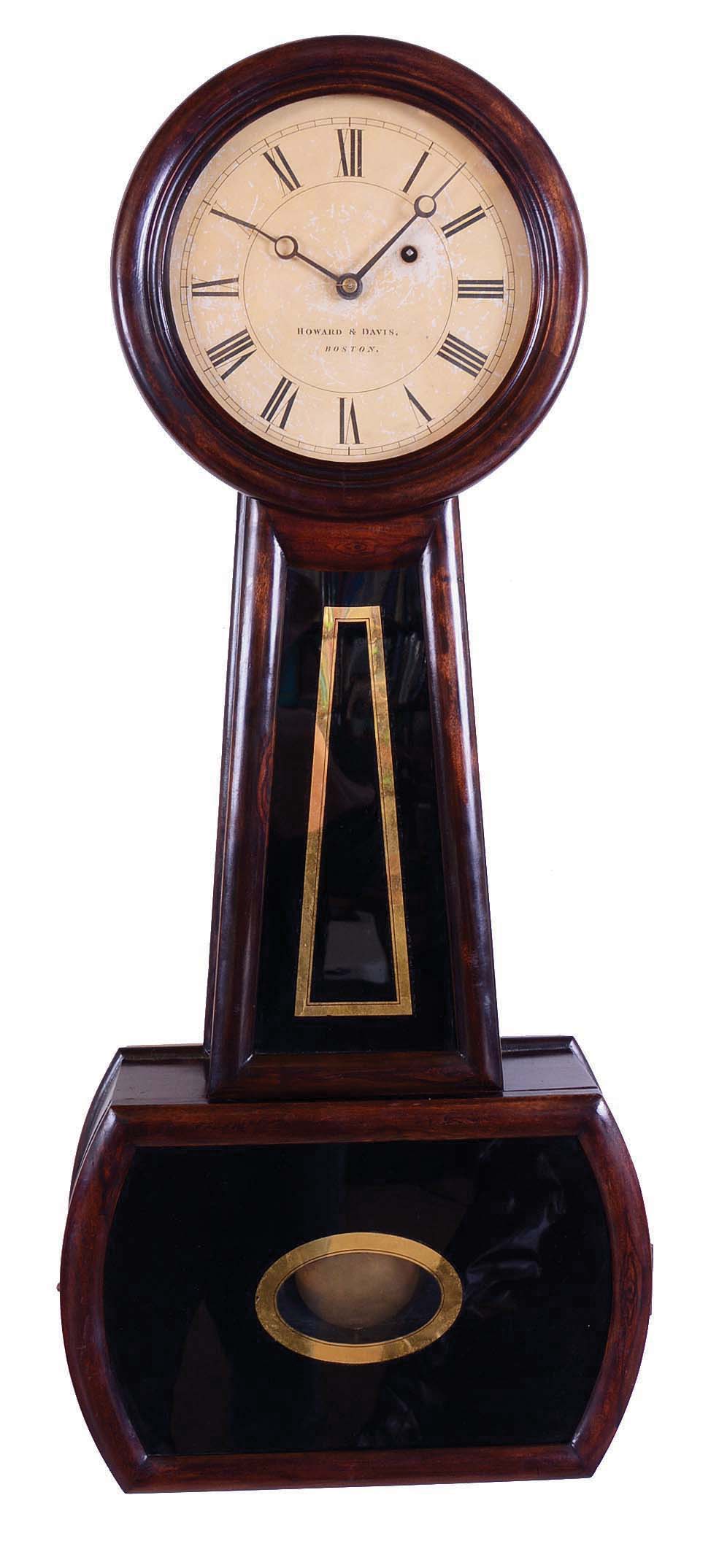 Howard & Davis, Boston, Mass., "Regulator No. 4", banjo wall clock, 8 days, time only, weight driven movement in a rosewood grain painted mahogany case with a, painted metal dial and reverse painted throat and lower tablets. — Antique Clocks Price Guide
