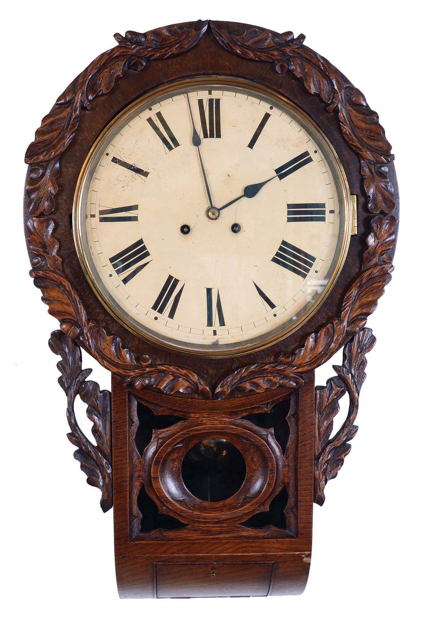English, 8 days, time and strike spring brass fusee movement drop bottom wall clock. — Antique Clocks Price Guide