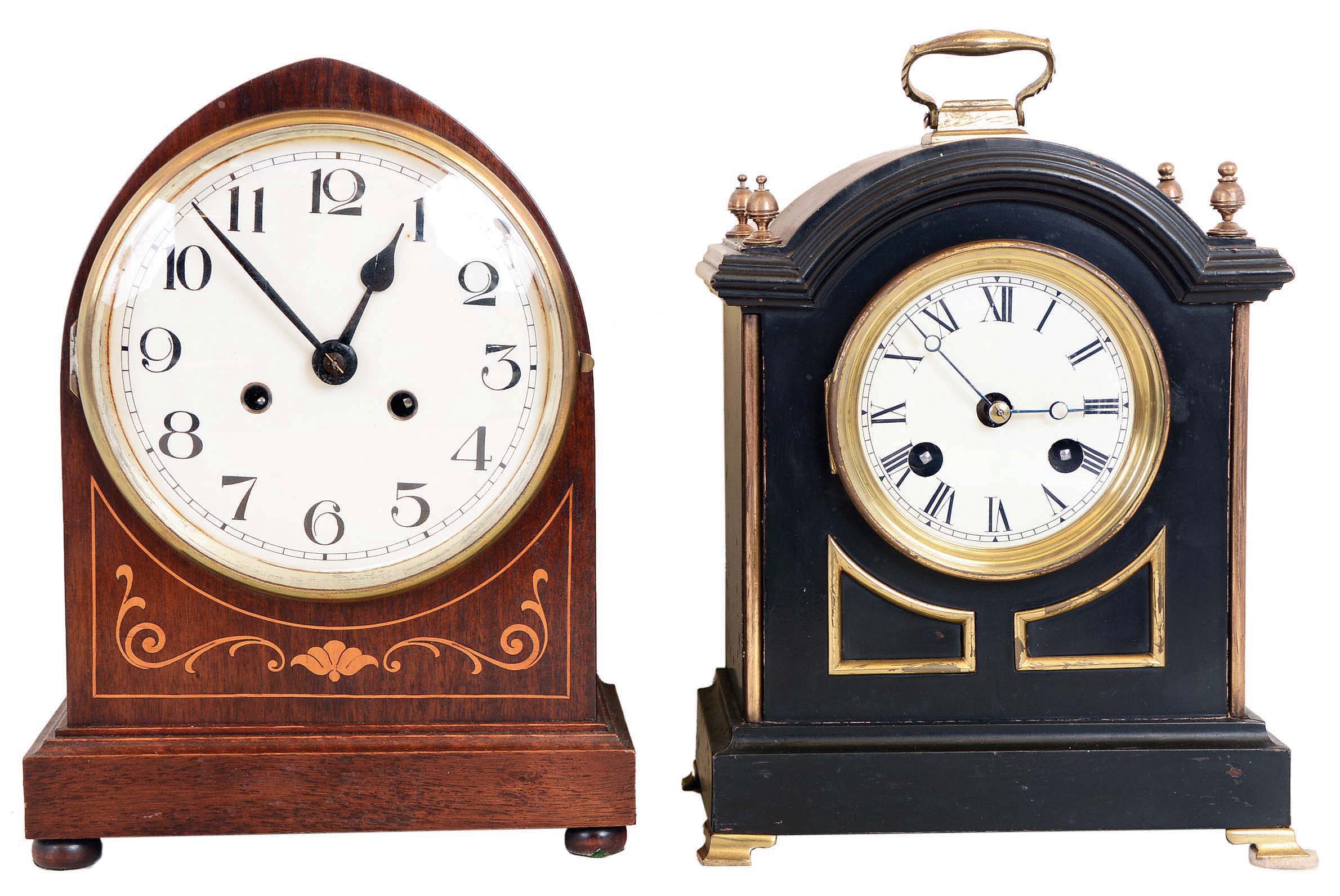 Clocks- 2 (Two): (1) German, 8 days, time and strike spring brass movement mantel clock. (2) German, 8 days, time and bim-bam strike spring brass movement mantel clock in the form of a bracket clock. — Antique Clocks Price Guide