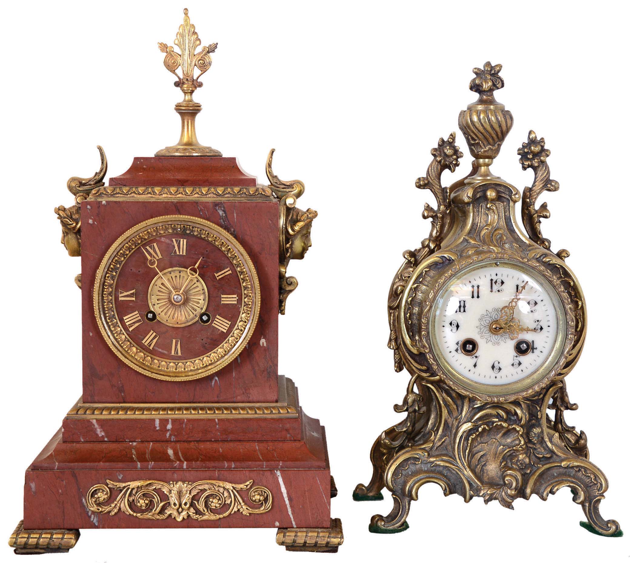 Clocks- 2 (Two) French, 8 days, time and strike: red marble with brass accents and bell-striking movement stamped Tiffany and Japy Freres; cast brass with decorated enamel dial and bell-striking Marti movement also stamped Baison & Thomas. — Antique Clocks Price Guide