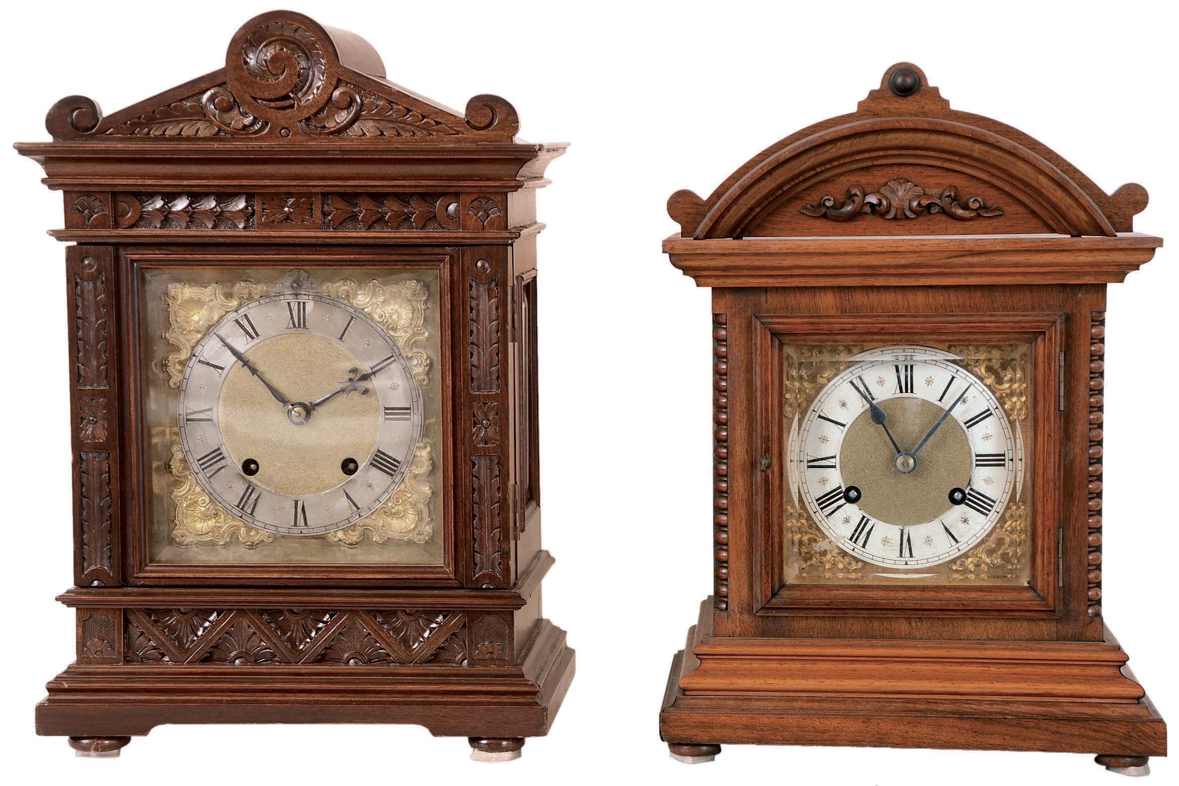 Clocks- 2 (Two) German Bracket "RMS" (Mueller & Co.) walnut 8 day time and strike, beveled glasses, silvered chapter rings on ornate brass dials, both with bim-bam quarter-hour striking; early 20th century — Antique Clocks Price Guide