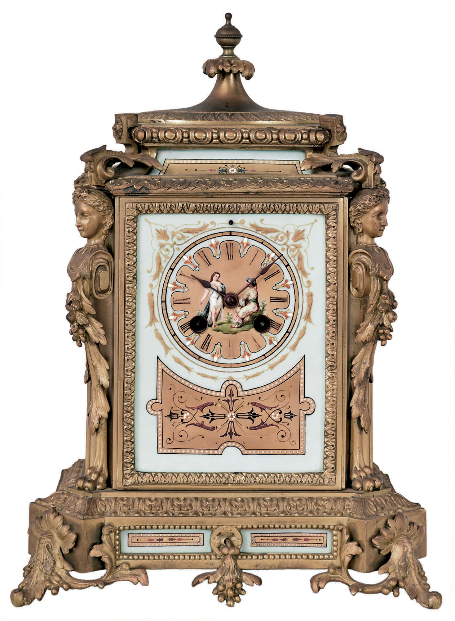 Japy Freres, also stamped, D.C. & Cie, Paris, France, decorative mantel clock, 8 days, time and bell strike, spring driven movement with maker's stamp in a brass case with decorative brightly painted porcelain panels featuring Moorish motif and matching insets and dial and pendulum regulation through the dial above 12. — Antique Clocks Price Guide