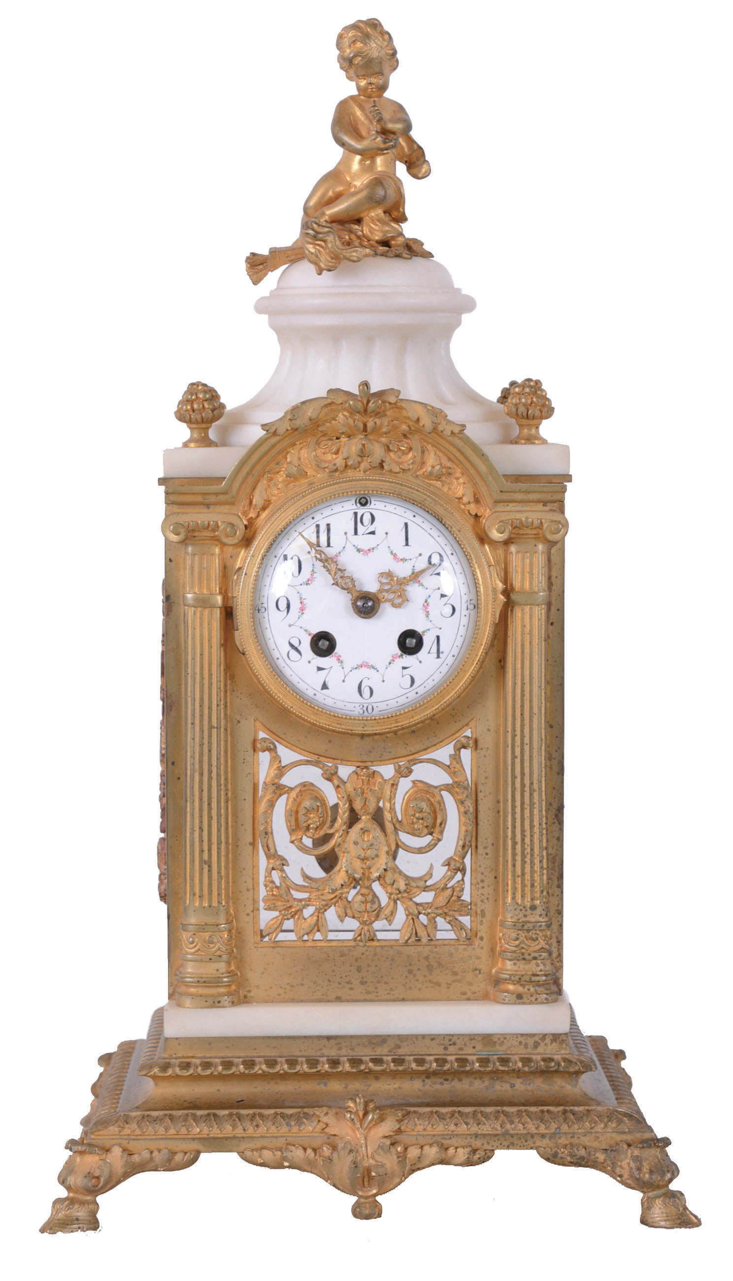 Vincenti & Cie, Paris, France for Black, Starr, New York, fancy crystal regulator mantel clock, 8 days, time and gong strike, spring driven movement in a marble case with beveled glass sides, ormolu trim and base with a pedastal top surmounted by a putto and flanked by clusters of grapes finials. The white enamel Arabic numeral dial has festoons of polychrome painted lowers. — Antique Clocks Price Guide