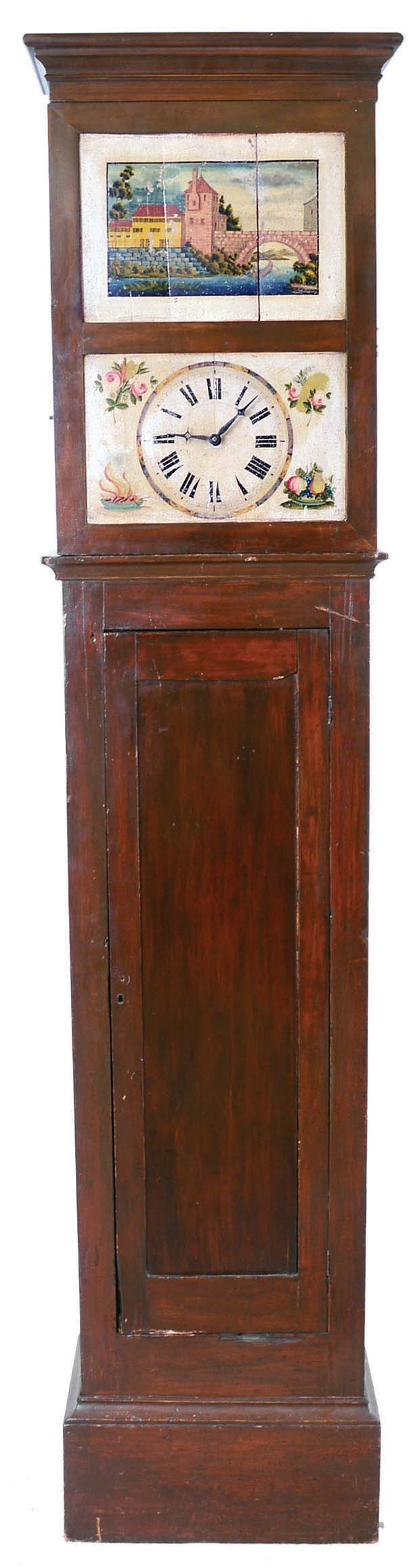 Germany, Black Forest, organ tall clock, 8 days, time and strike, weight driven wooden and brass movement playing 8 tunes through 28 pipes in a mahogany finished soft wood case with two tiered painted wooden dial, the lower section has flower and fruit painted spandrels and the upper section has a painted scene with a castle, bridge, river and boat and is signed by F. Hofmeier of Neustadt. — Antique Clocks Price Guide