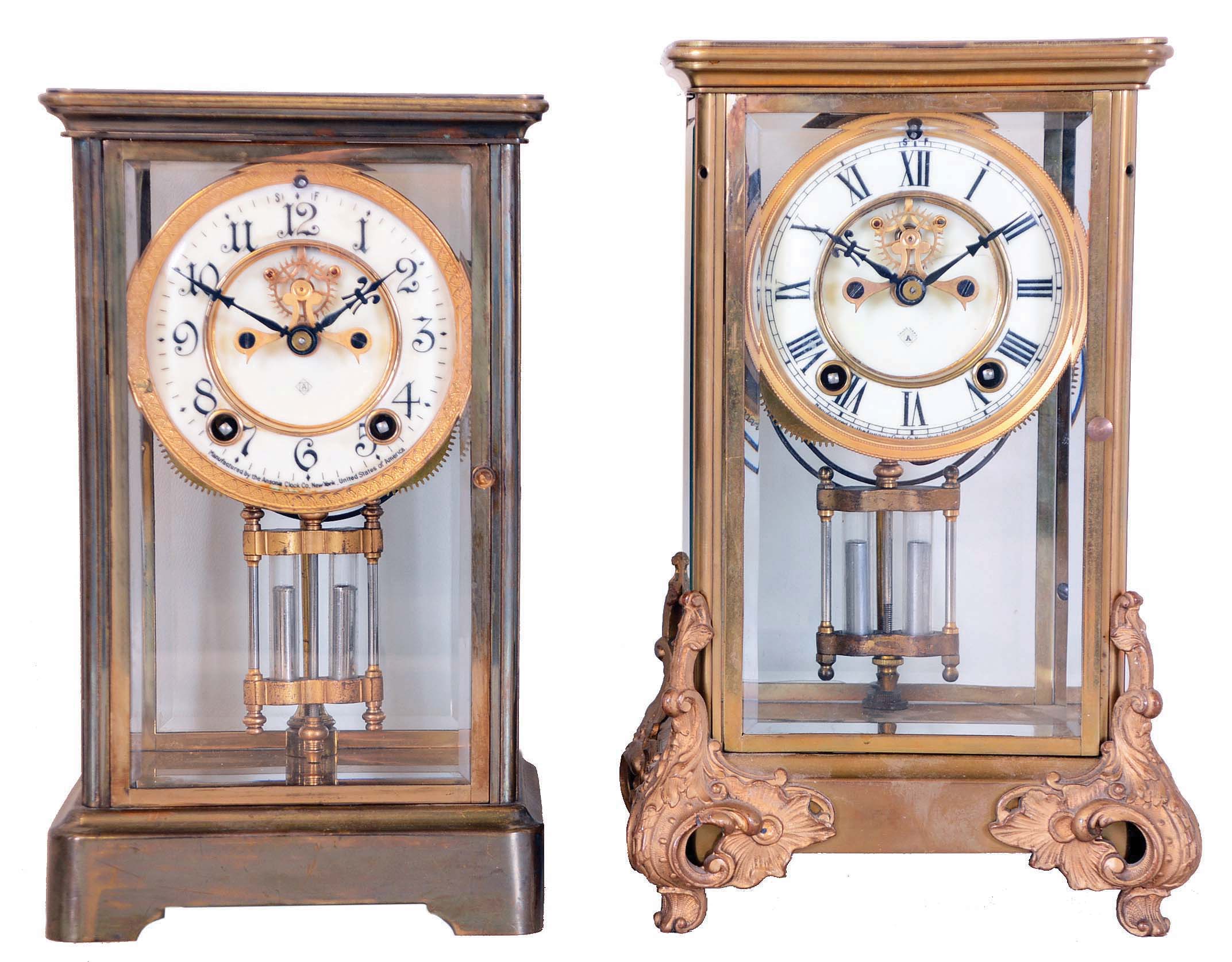 Clocks- 2 (Two) Ansonia crystal regulators, brass and glass 8 day time and strike mantel clocks with visible escapements: "Marquis" with missing top cast pieces; and "Prism" — Antique Clocks Price Guide