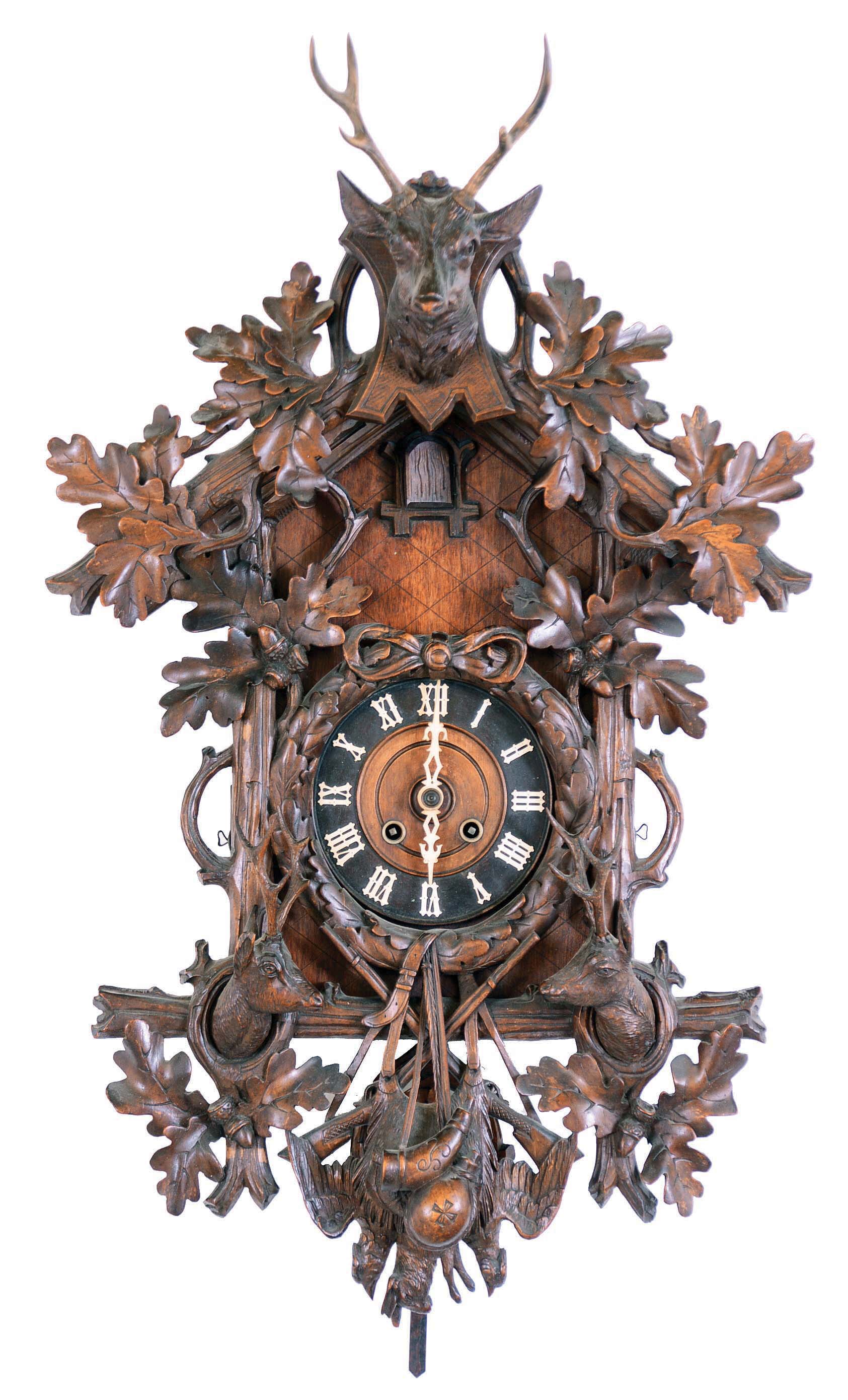 German Black Forest, Gordian Hettich Sohn, carved walnut 8 day spring wound hanging cuckoo, large deer head crest — Antique Clocks Price Guide