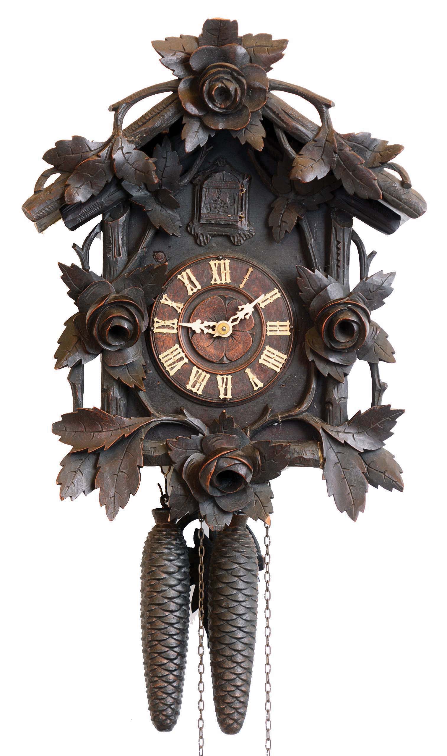 Clocks- 2 (Two) German Black Forest 2 weight 30 hour carved wood cuckoo wall clocks: Furderer Jaegler with lyre plates and carved roses; one indistinctly signed on side door, with standing goat top; late 19th century — Antique Clocks Price Guide