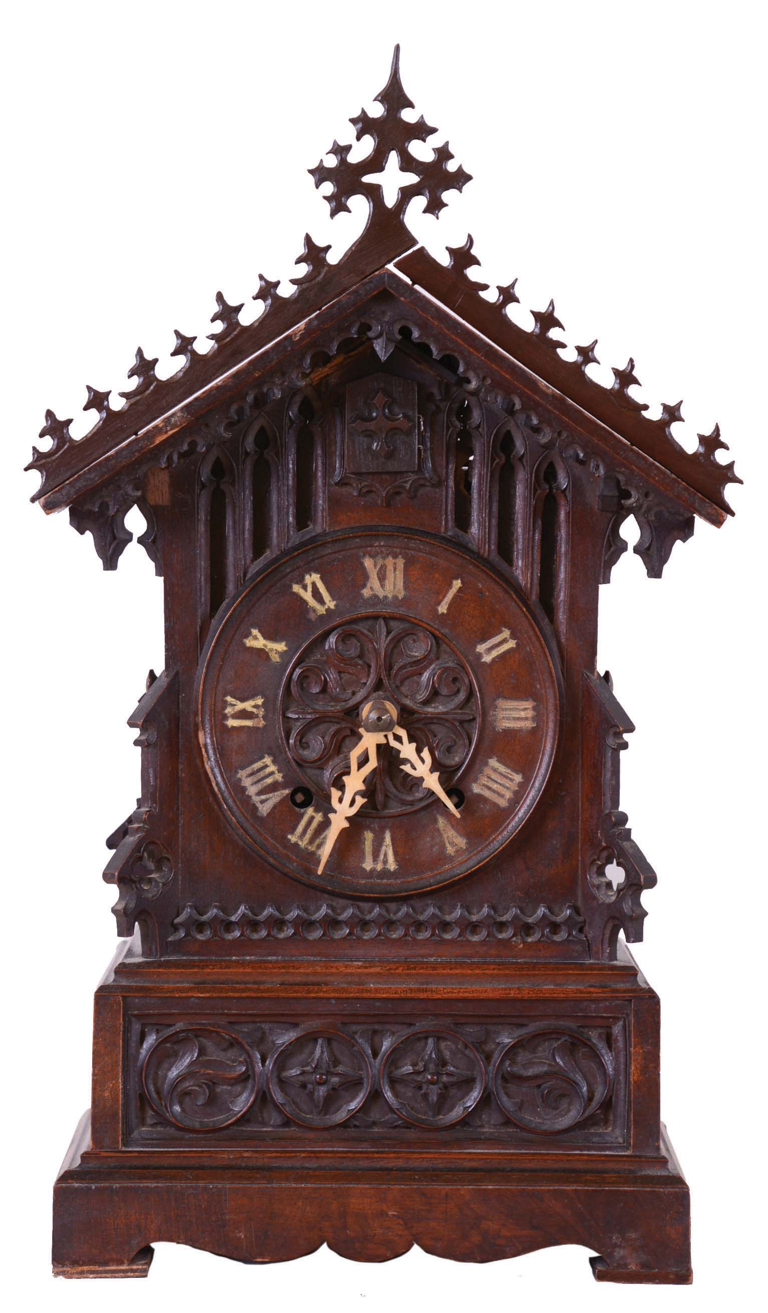 Johann Baptiste Beha, Germany, Black Forest, model "510", 8 days, time and strike wood plate fusee movement Gothic style shelf cuckoo clock. — Antique Clocks Price Guide