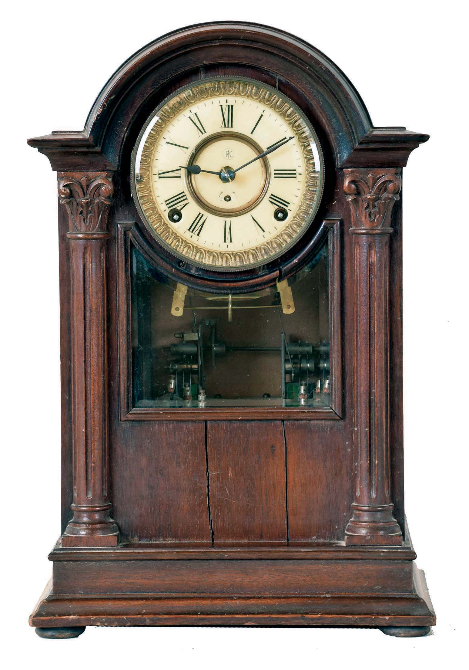 F. Kroeber Clock Co., New York, NY, 8 day mantel clock with multiple bell chiming strike in mahogany case with two part enmael dial. — Antique Clocks Price Guide