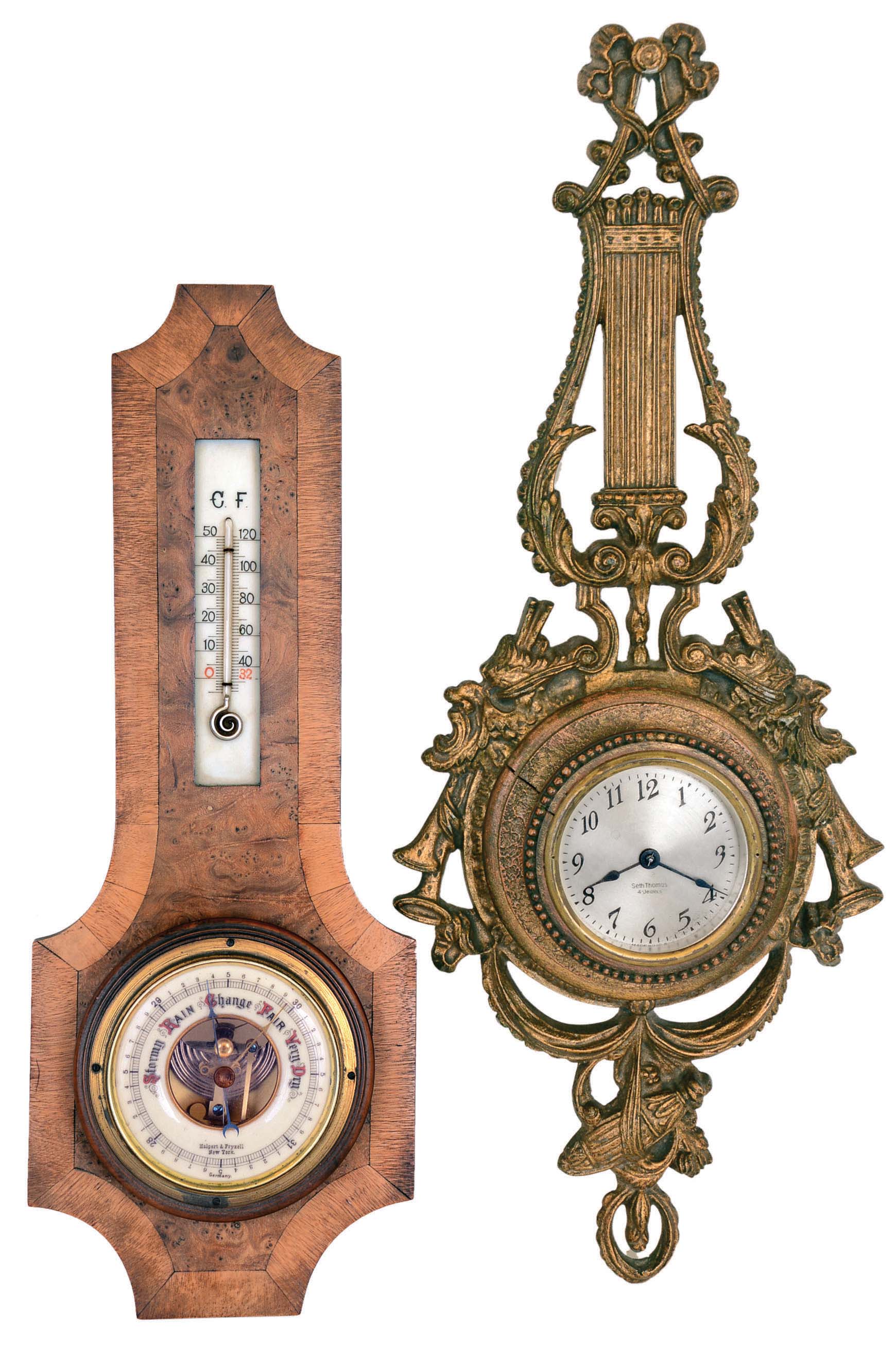 Clock and Barometer- 2 (Two): Seth Thomas Clock Co., "Lyre" 4-jewel gilt cast-metal time only wall clock, c1928; "Halpert & Fryxell, New York" (Madison Avenue) , barometer and thermometer on burled wood back, made in Germany, early 20th century — Antique Clocks Price Guide