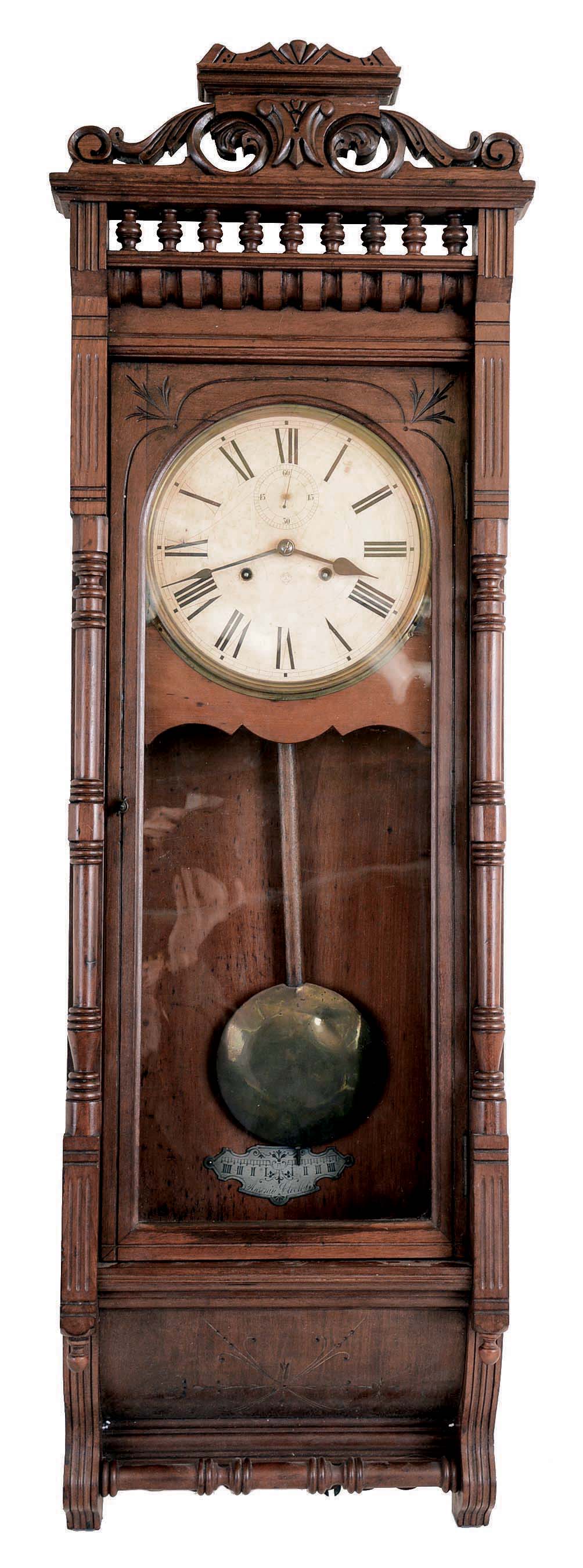 Ansonia Clock Co., New York, NY, "Santa Fe" wall clock with an 8 days double weight timepiece movement in a black walnut case. — Antique Clocks Price Guide