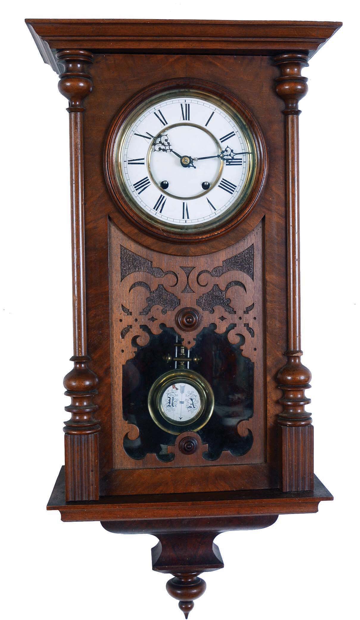 Lenzkirch Clock Co., Germany, hanging R/A regulator, 8 days, time and strike, spring driven movement marked Lenzkirch in a walnut case also stamped Lenzkirch with burled veneer and brass pendulum with white enamel R/A insert, serial #1124379. — Antique Clocks Price Guide