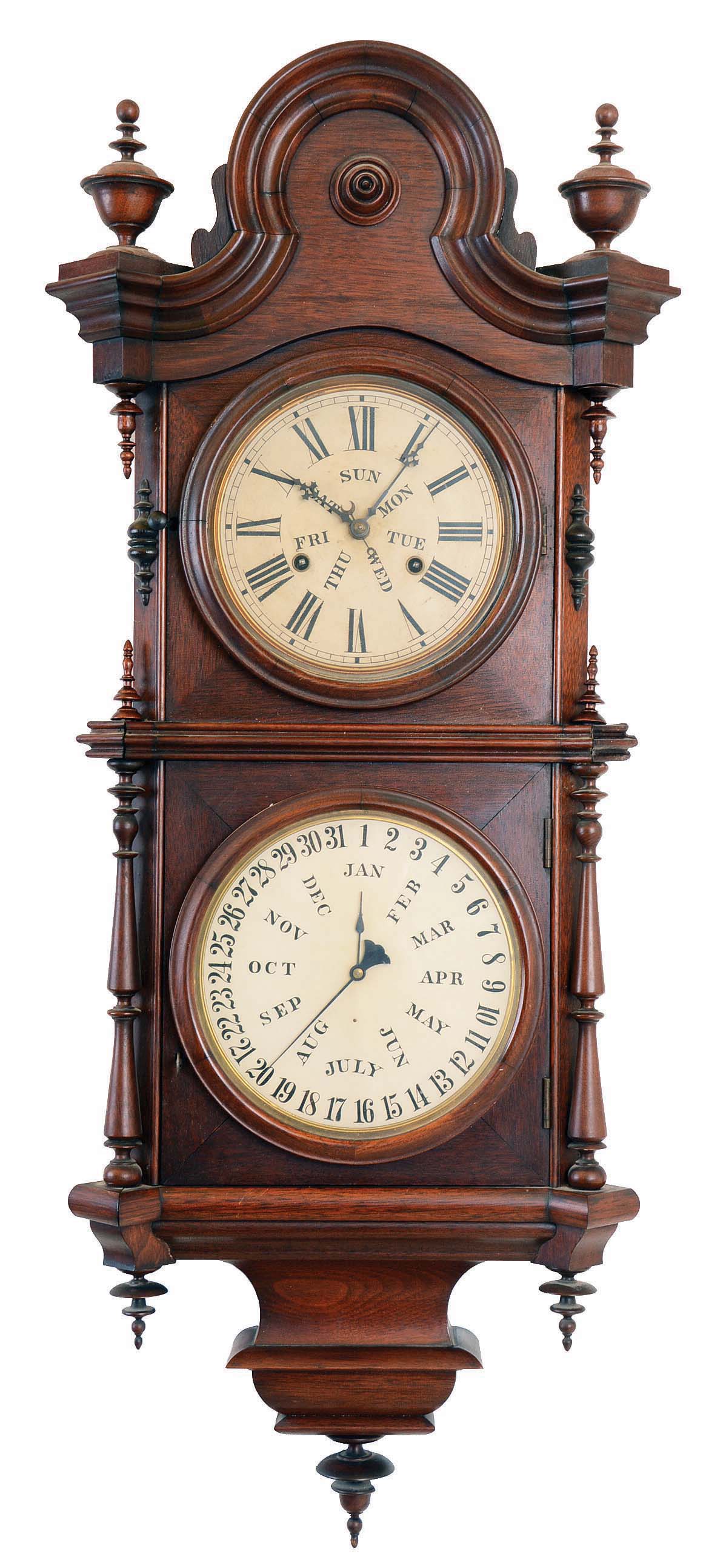 Welch, Spring & Co., Forestville, Conn., "No. 5 Regulator, B.W.", 30 day, spring brass movement double dial calendar wall clock. — Antique Clocks Price Guide