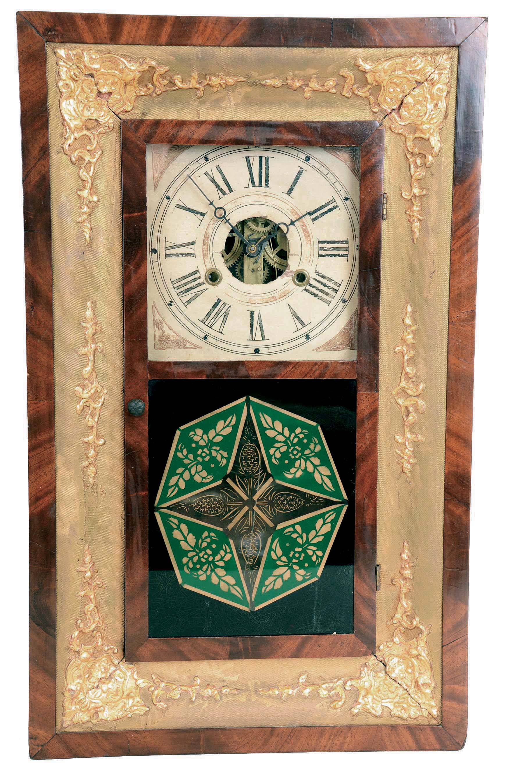 H. Welton & Co., Terryville, Conn., 30 hours, time and strike weight brass movement mahogany and gilt front OG shelf clock. — Antique Clocks Price Guide