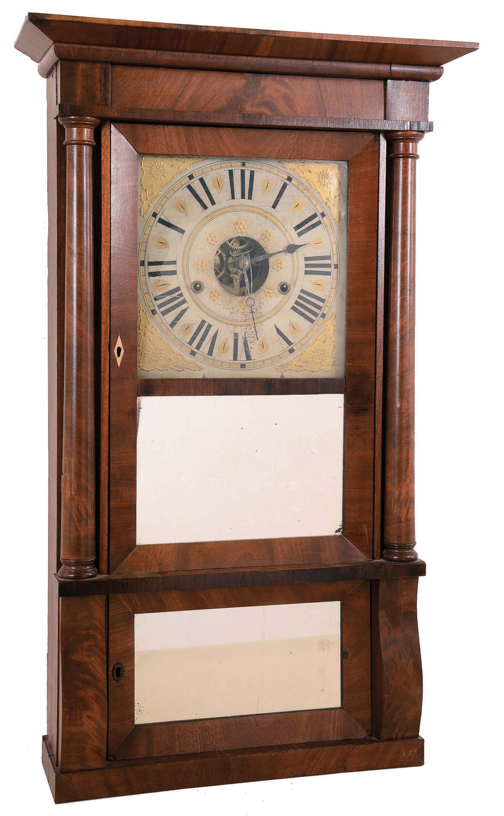Williams, Orton, Prestons & Co., Farmington, Conn., 8 day, time and strike weight brass movement probably manufactured by Eli Terry, column & cornice shelf clock. — Antique Clocks Price Guide