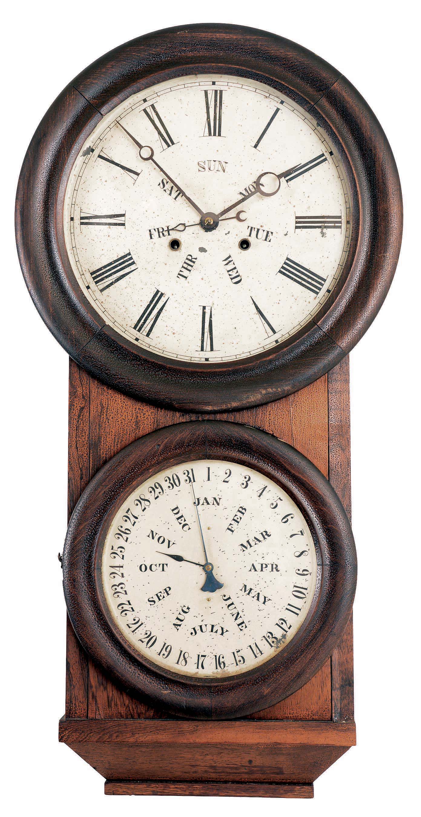 L, F, & W. W. Carter, Bristol, Conn., calendar wall clock with a weight driven 8 days timepiece movement and a B. B. Lewis perpetual calendar mechanism in a rosewood veneered case in the style of the Lewis No. 2 calendar. — Antique Clocks Price Guide