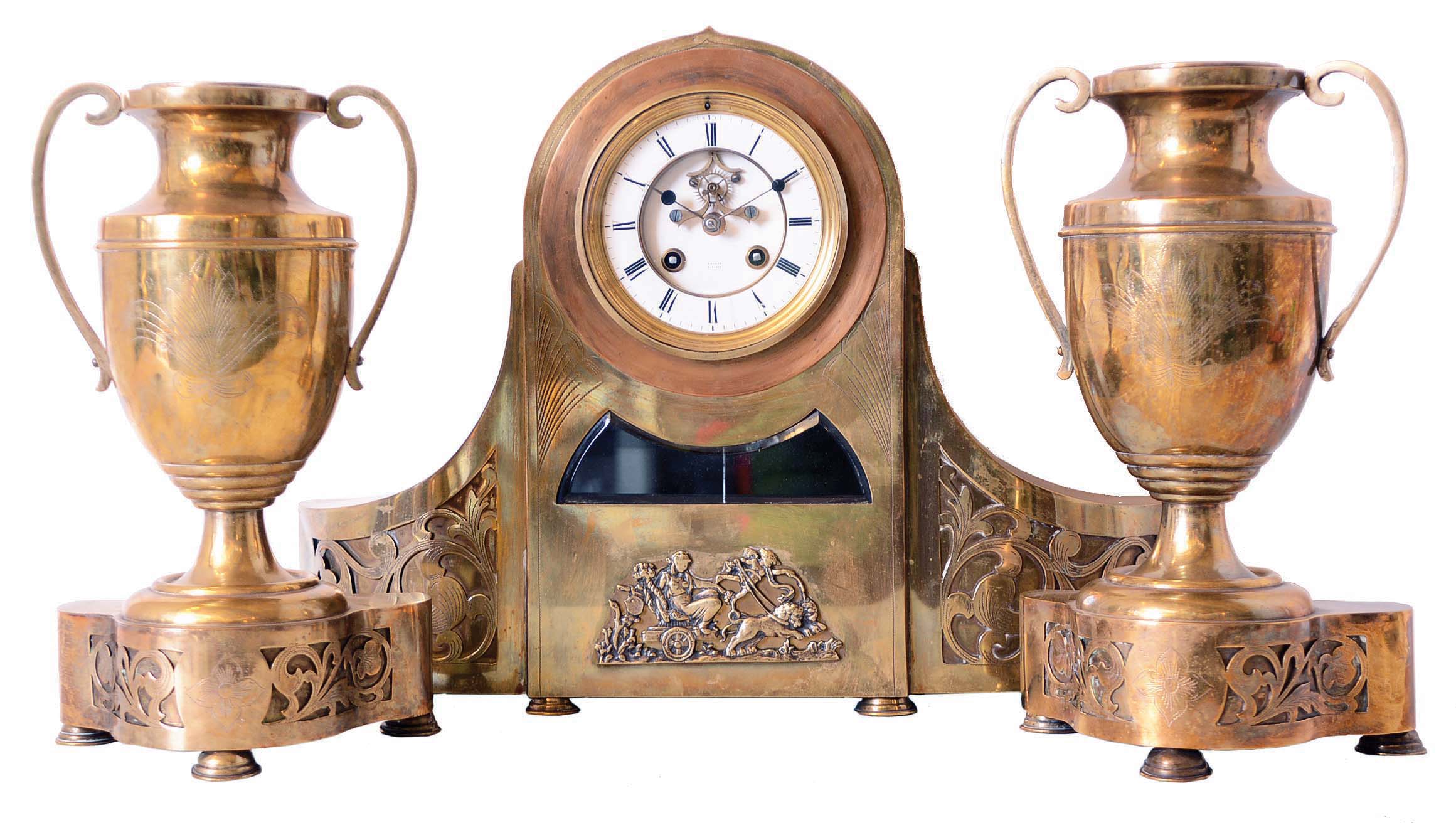 Rollin A Paris polished brass mantel clock, with two matching urns, Vincenti Medaille D'Argent" 8 day movement, also signed Rollin, with count wheel and bell striking, visible escapement with steel pallet pins, signed white enamel dial. — Antique Clocks Price Guide