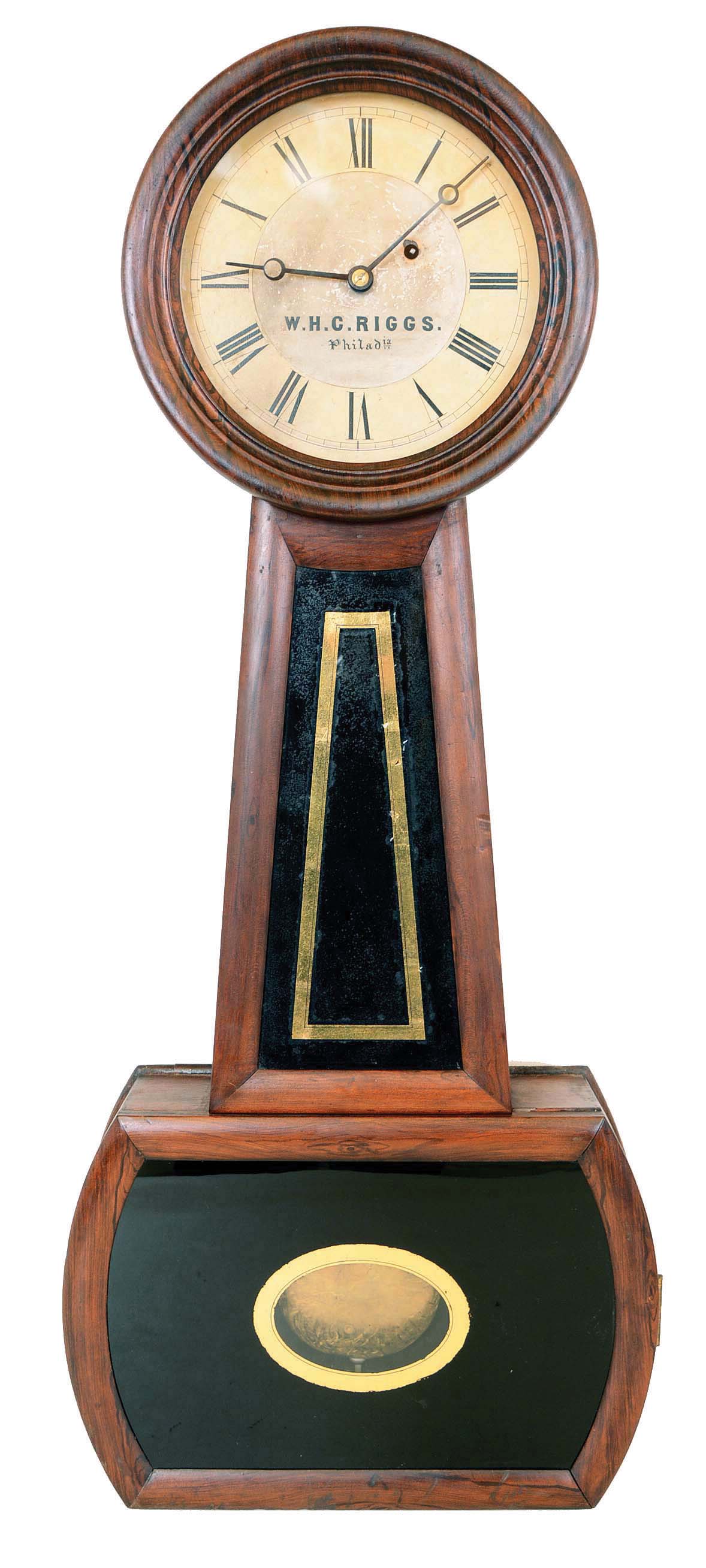 Howard & Davis, Boston, Mass., "No. 3 Regulator" for W.H.C. Riggs. Philadelphia, banjo wall clock, 8 days, time only, weight driven movement in a rosewood grain painted case with papered metal dial and reverse painted black and gold throat and lower tablets — Antique Clocks Price Guide