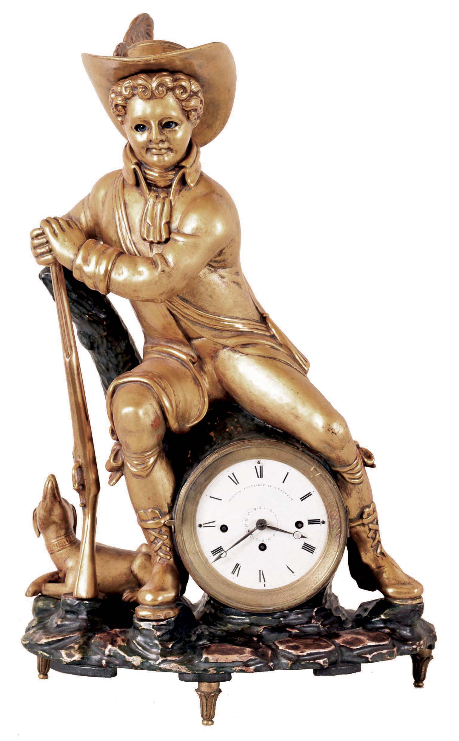 Johann Farbinger in Wessprim, Austrian blinking eye mantel clock with calendar, carved wooden case with gilt figure of a hunter, resting on a stump, with musket, and his dog at his feet, his eyes moving side to side as the clock runs, Roman numeral white enamel dial with date display at center, blued steel Breguet style hands, 2 day, three train grand sonnerie striking movement with silk thread suspension, all on gilt, foliate ornamented feet — Antique Clocks Price Guide