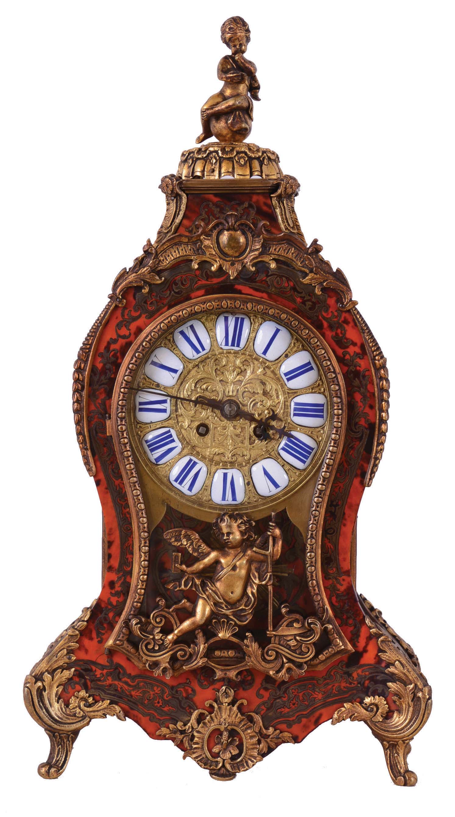 French Boulle Clock, 8 day, time & strike, spring driven movement in a Victorian faux tortoise shell case with applied decorations of cherubs, one sitting on a bill as a finial. — Antique Clocks Price Guide