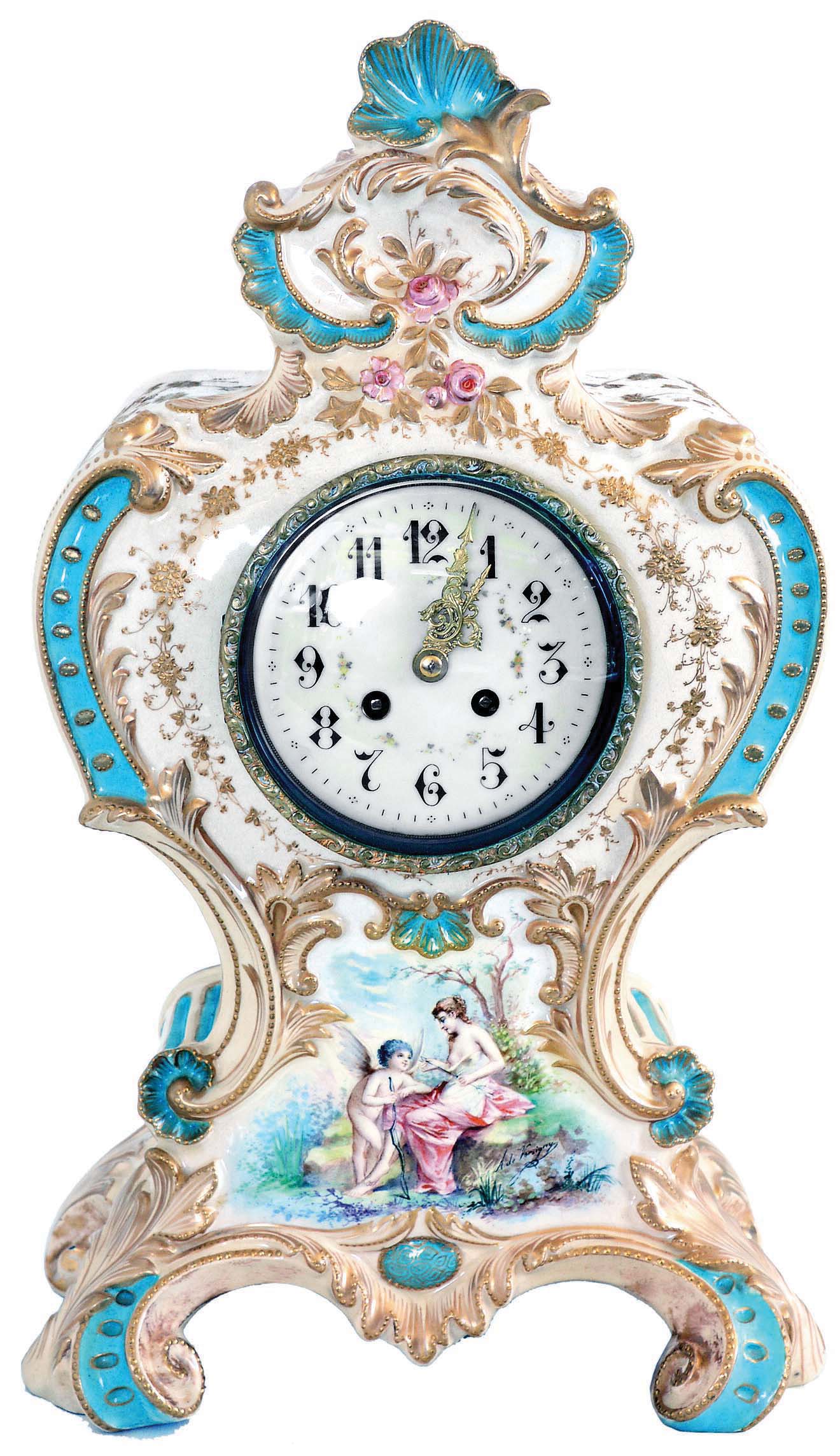 French, 8 days, time and strike spring brass movement large porcelain case mantel clock. — Antique Clocks Price Guide