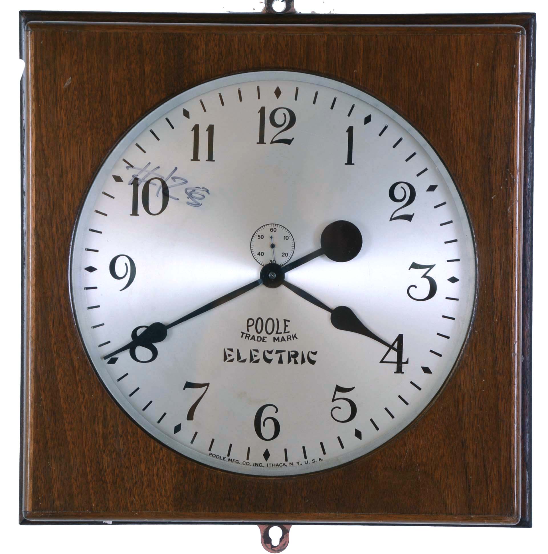 Clocks- 2 (Two) electric: (1) Poole Mfg. Co., Ithaca, NY, "Reliance" wall hanging clock with a battery driven timepiece movement in a square walnut case.. c1940. (2) Self-Winding Clock Company, New York, "Naval Observatory Time, Western Union" electrically wound gallery wall clock, c1930. — Antique Clocks Price Guide