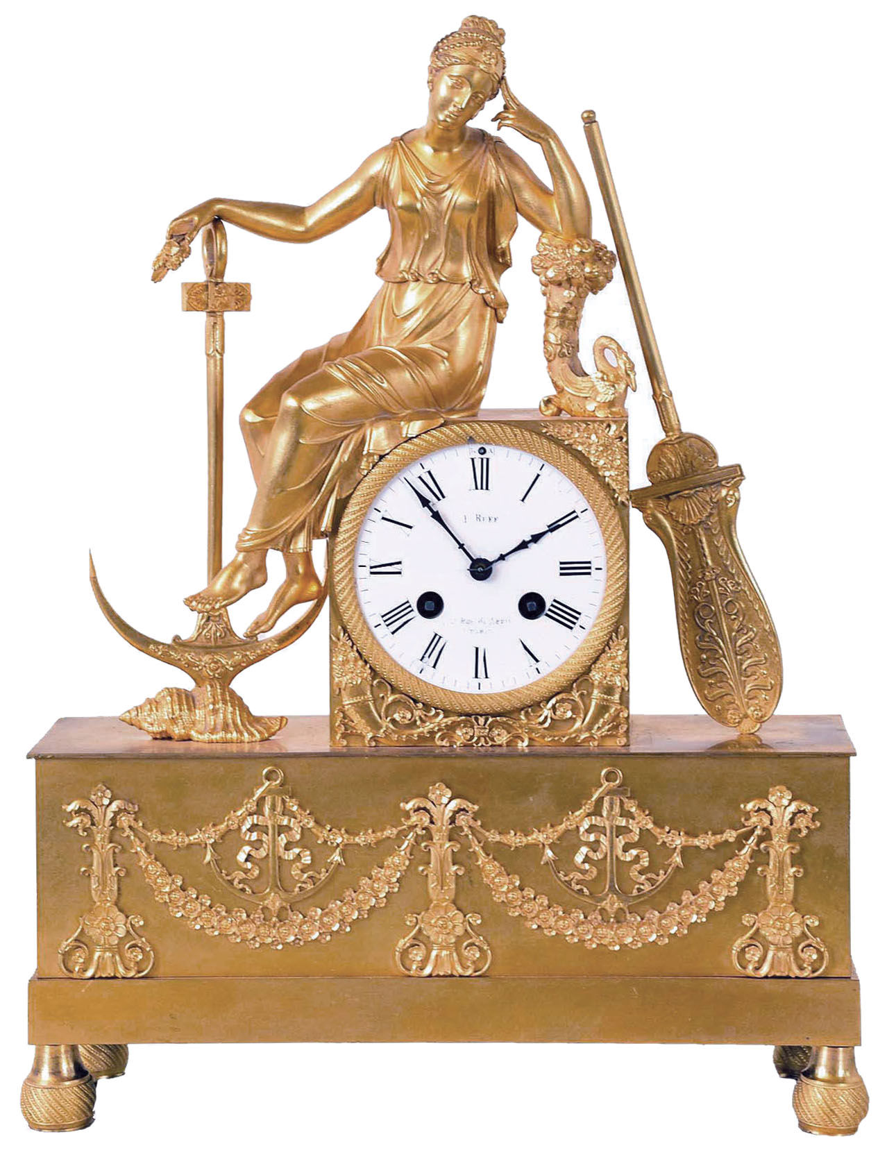 France, mantel clock, gilt bronze case with oblong base with engine turned feet, the front with applied floral swags and anchors, surmounted by a female figure in a contemplative pose, and resting her arms on an anchor and cornucopia, Roman numeral white enamel dial with partial signature, blued steel hands, 8 day time and strike pendule a Paris movement — Antique Clocks Price Guide