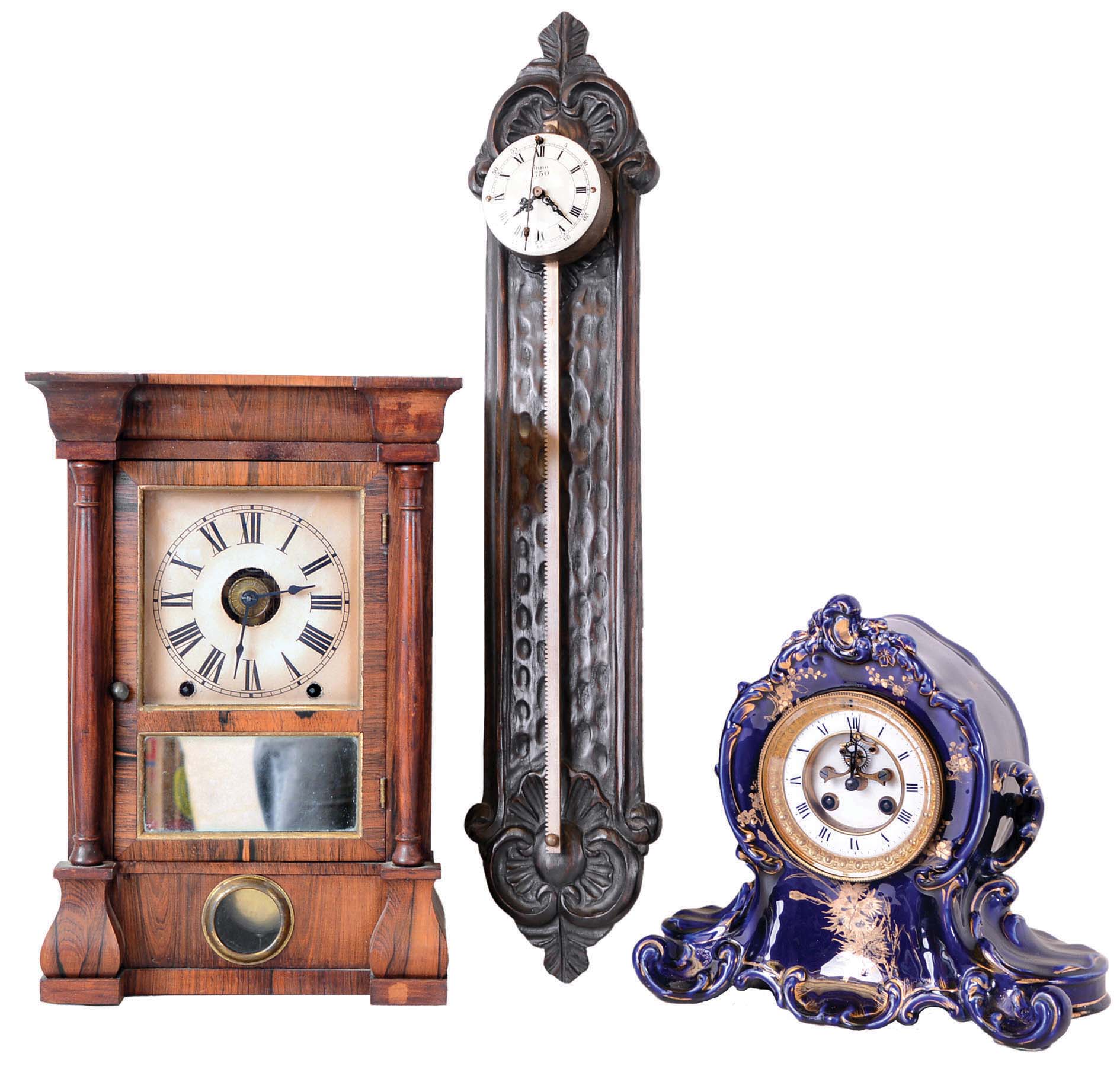 Clocks- 2 (Two) 8 day: French blue porcelain striking with visible escapement; Seth Thomas striking rosewood with columns and alarm — Antique Clocks Price Guide