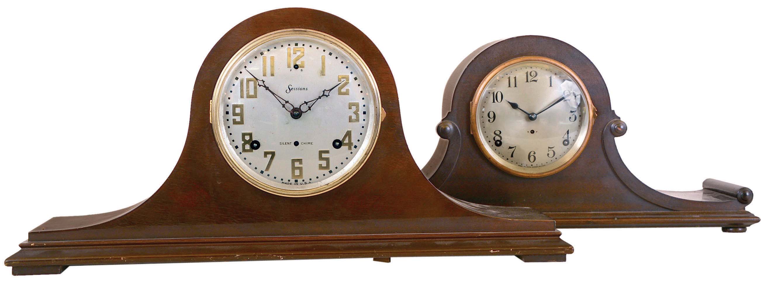 Clocks- 4 (Four) Tambour mantel mahogany 8 day time and strike: two by Sessions (both with 2-train Westminster chime movements ; two by Seth Thomas; early 20th century — Antique Clocks Price Guide