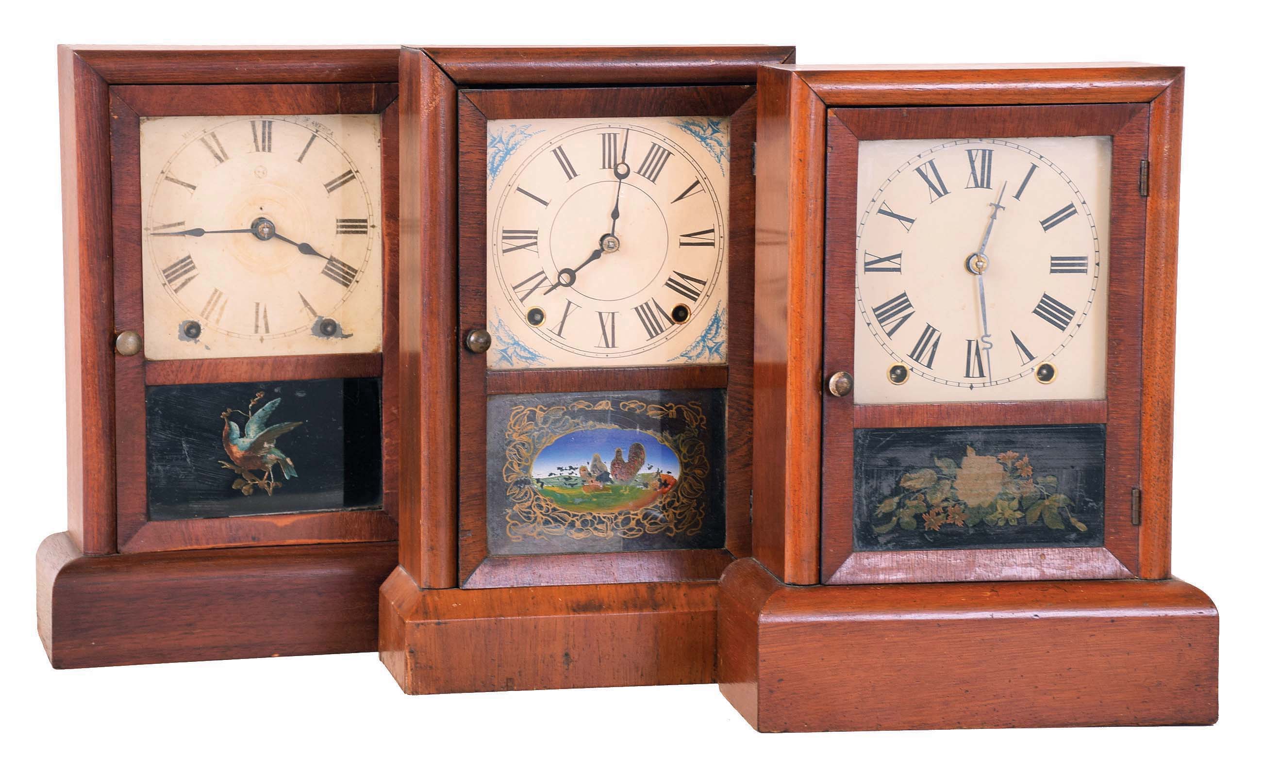 Clocks- 3 (Three): (1) Seth Thomas, Plymouth Hollow, Conn., 8 days, time and strike spring brass movement cottage clock. c1862 (2) Seth Thomas Clock Co., Thomaston, Conn., 8 days, time and strike spring brass movement cottage clock. c1880 (3) Seth Thomas Clock Co, Thomaston, Conn., 8 days, time and strike spring brass movement cottage clock. c1880 — Antique Clocks Price Guide