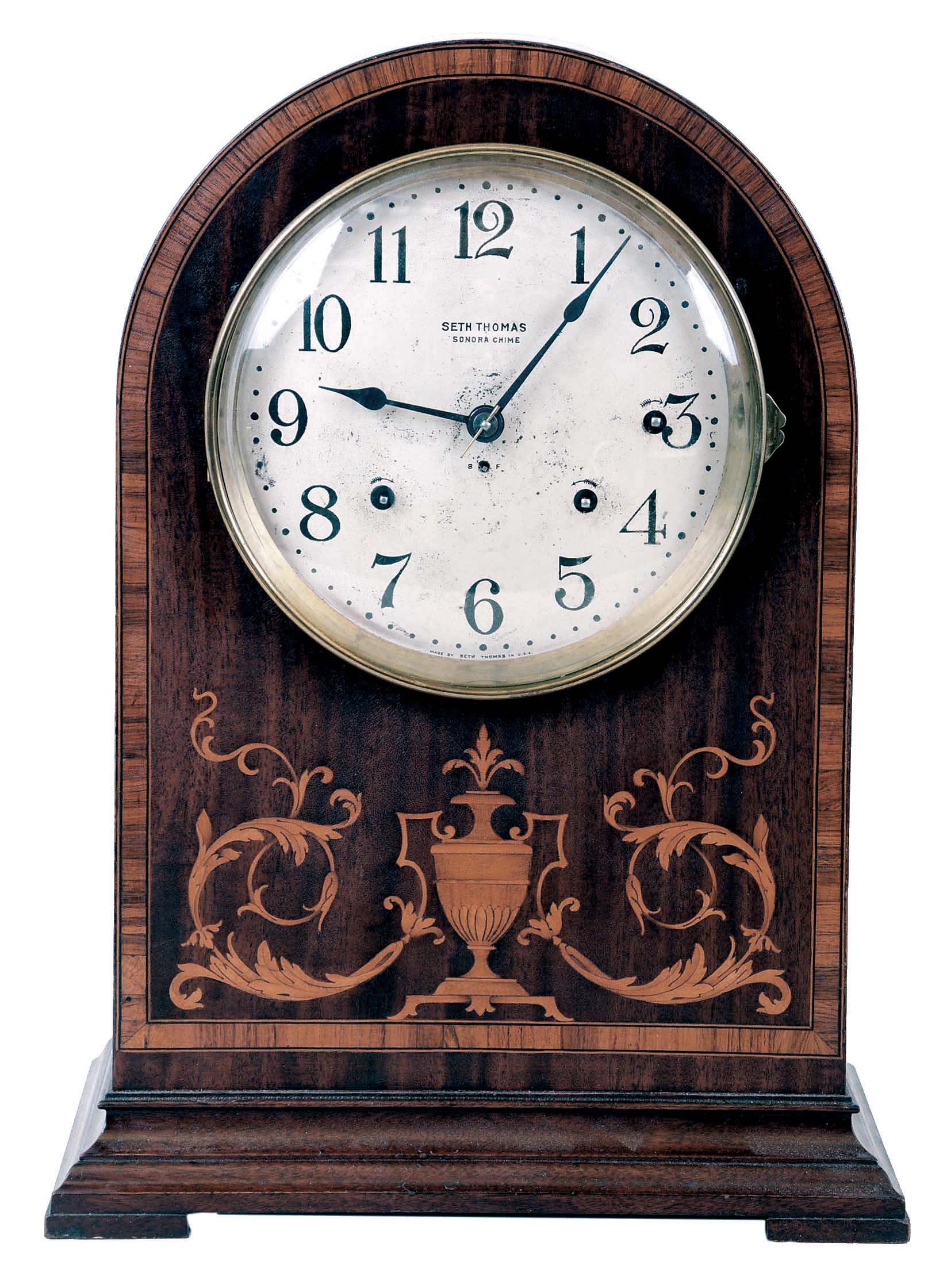 Seth Thomas Clock Co., Thomaston, Conn., 8 days, time and strike spring brass movement 8 bell Sonora chime mantel clock. We didn't find this model in the catalog. — Antique Clocks Price Guide