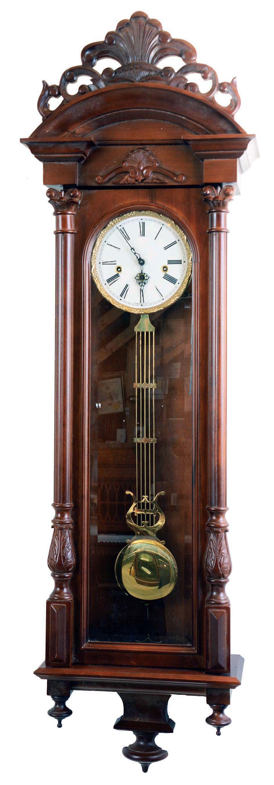 Vienna Regulator Reproduction Clocks, Ltd., Wheeling, Illinois, "5706W Austrian Vienna" walnut 8 day Westminster chime, German movement, beveled glass, late 20th century — Antique Clocks Price Guide