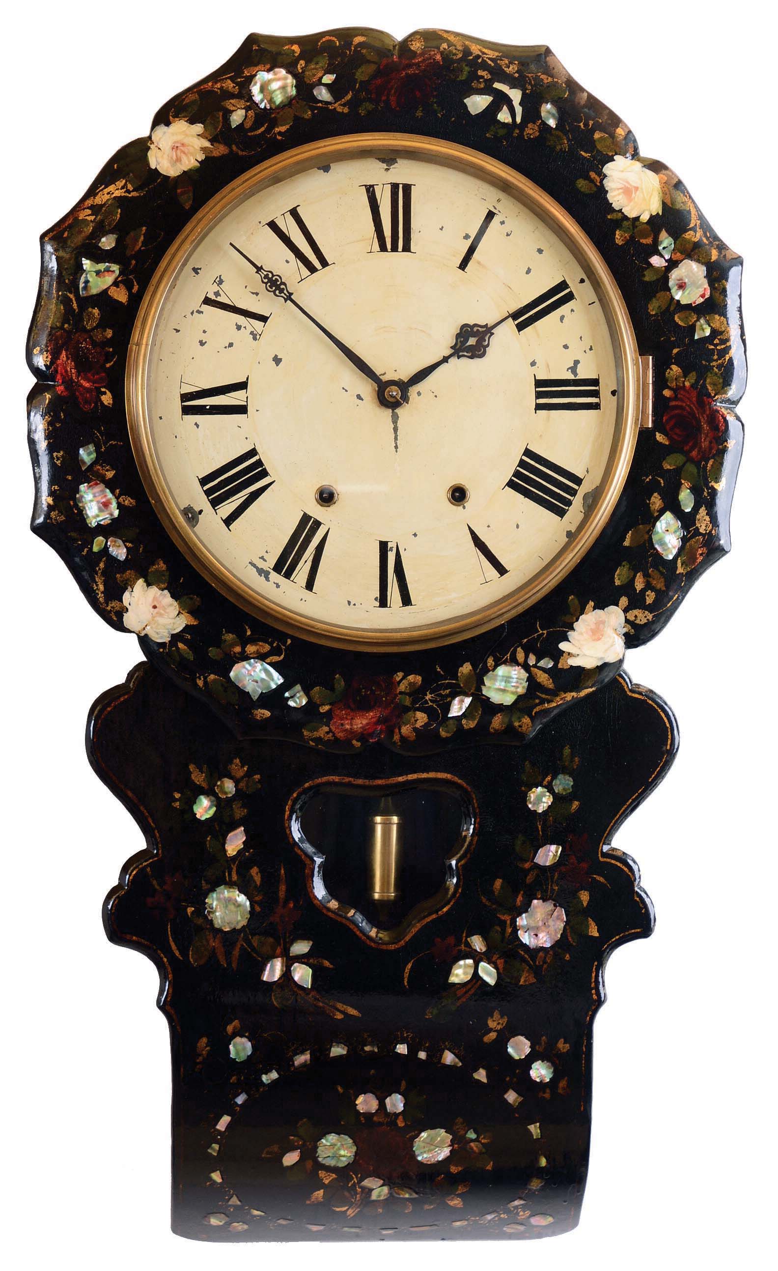 Anglo-American papier mache mother-of-pearl 8 day time and strike wall clock, New Haven movement. — Antique Clocks Price Guide