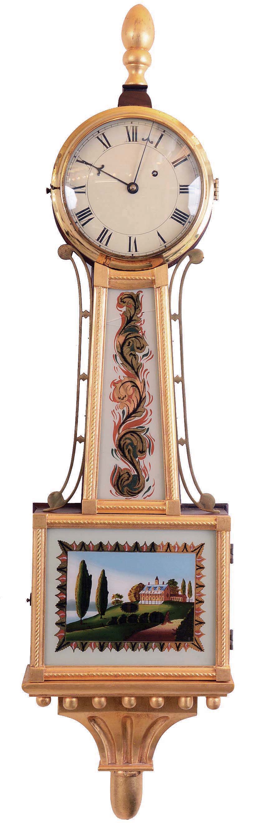 Clocks- 2 (Two) Banjo modern reproduction 8 day weight driven gilt front hanging clocks; both unsigned, but one with movement stamped Kilburn & Proctor, the other by Gerhard Hartwigs, one bottom glass has Martha Smallwood initials, late 20th century — Antique Clocks Price Guide