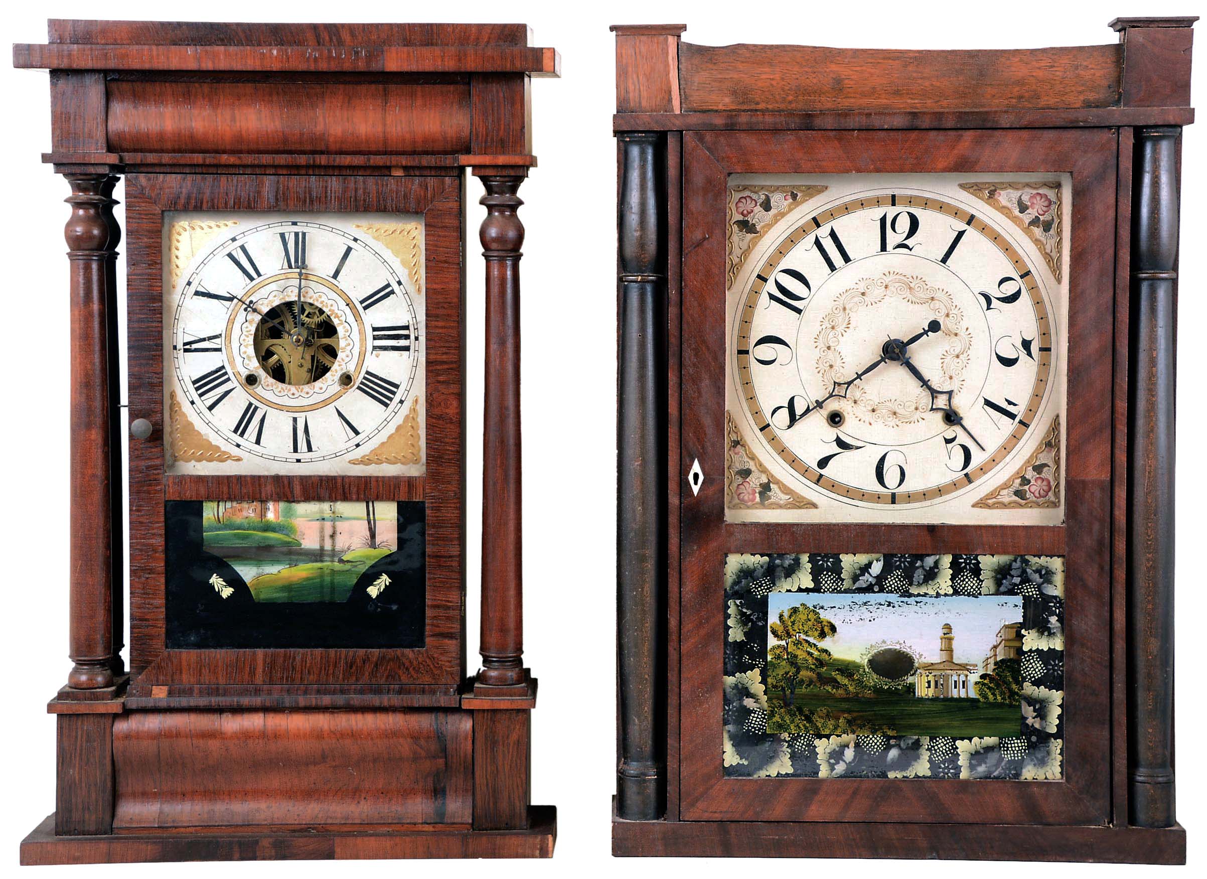 Clocks- 2 (Two): (1) Silas Hoadley, Plymouth Hollow, Conn., 30 hours, time and strike weight wood movement half column & splat shelf clock. c1830. (2) William S. Sperry, Barclay Street, New York, 30 hours, time and strike weight brass movement 4-column shelf clock. c1845 — Antique Clocks Price Guide