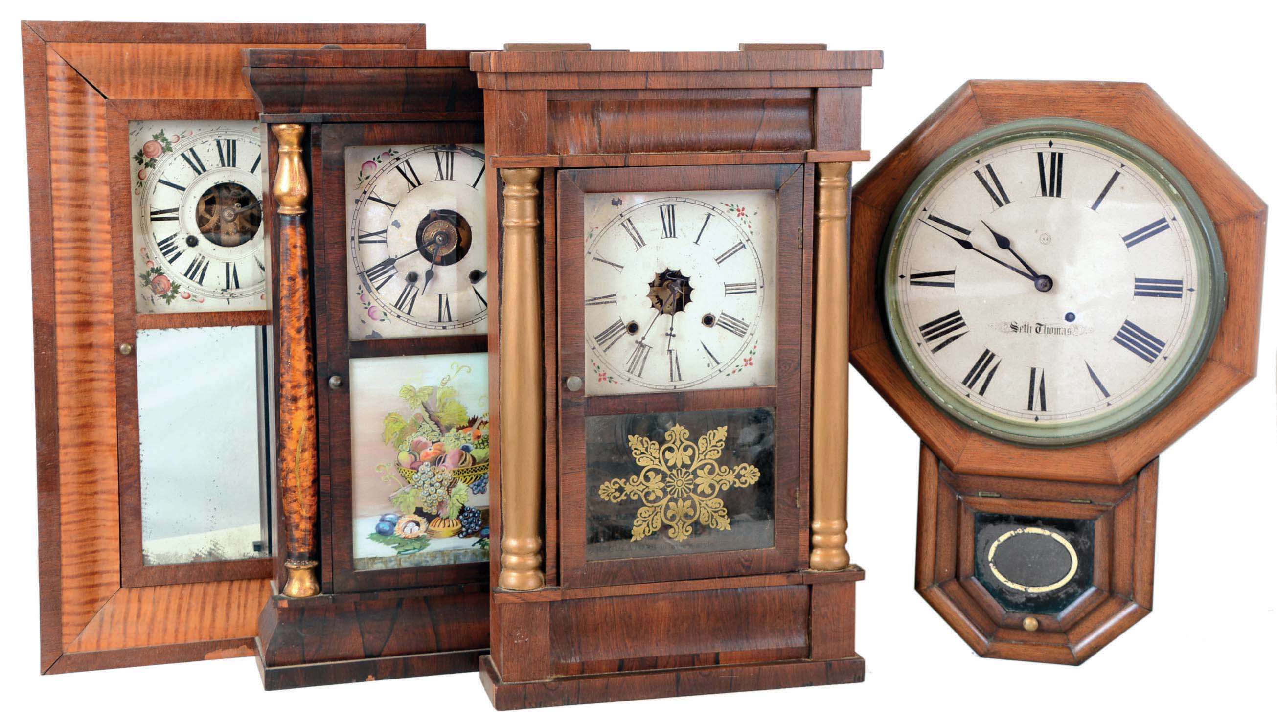 Clocks- 4 (Four): (1) Seth Thomas Clock Co., Thomaston, Conn., 8 days, spring brass movement schoolhouse wall timepiece. c1905 (2) Waterbury Clock Co., Waterbury, Conn., 30 hours, time and strike weight brass movement shelf clock. c1870 (3) Seth Thomas Clock Co., Thomaston, Conn., 30 hours, time, strike and alarm weight brass movement column shelf clock. c1870 (4) Atkins, Porter & Co., Bristol, Conn., 30 hours, time and strike weight brass movement OG shelf clock. c1845 — Antique Clocks Price Guide