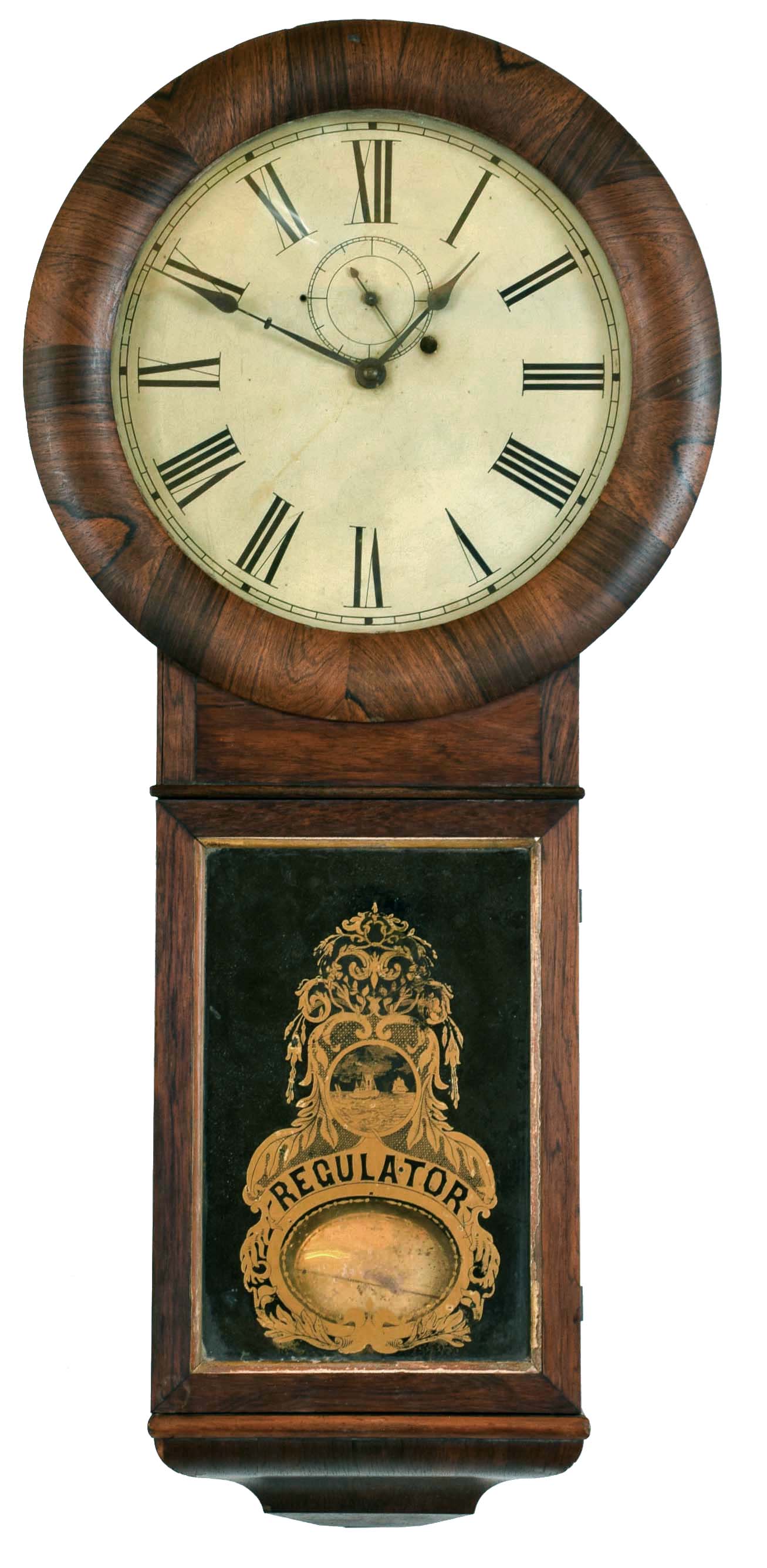 Seth Thomas Clock Co., Thomaston, Conn., "Regulator No. 1" wall hanging 8 day weight driven timepiece movement with maintaining power in a rosewood veneered case. — Antique Clocks Price Guide