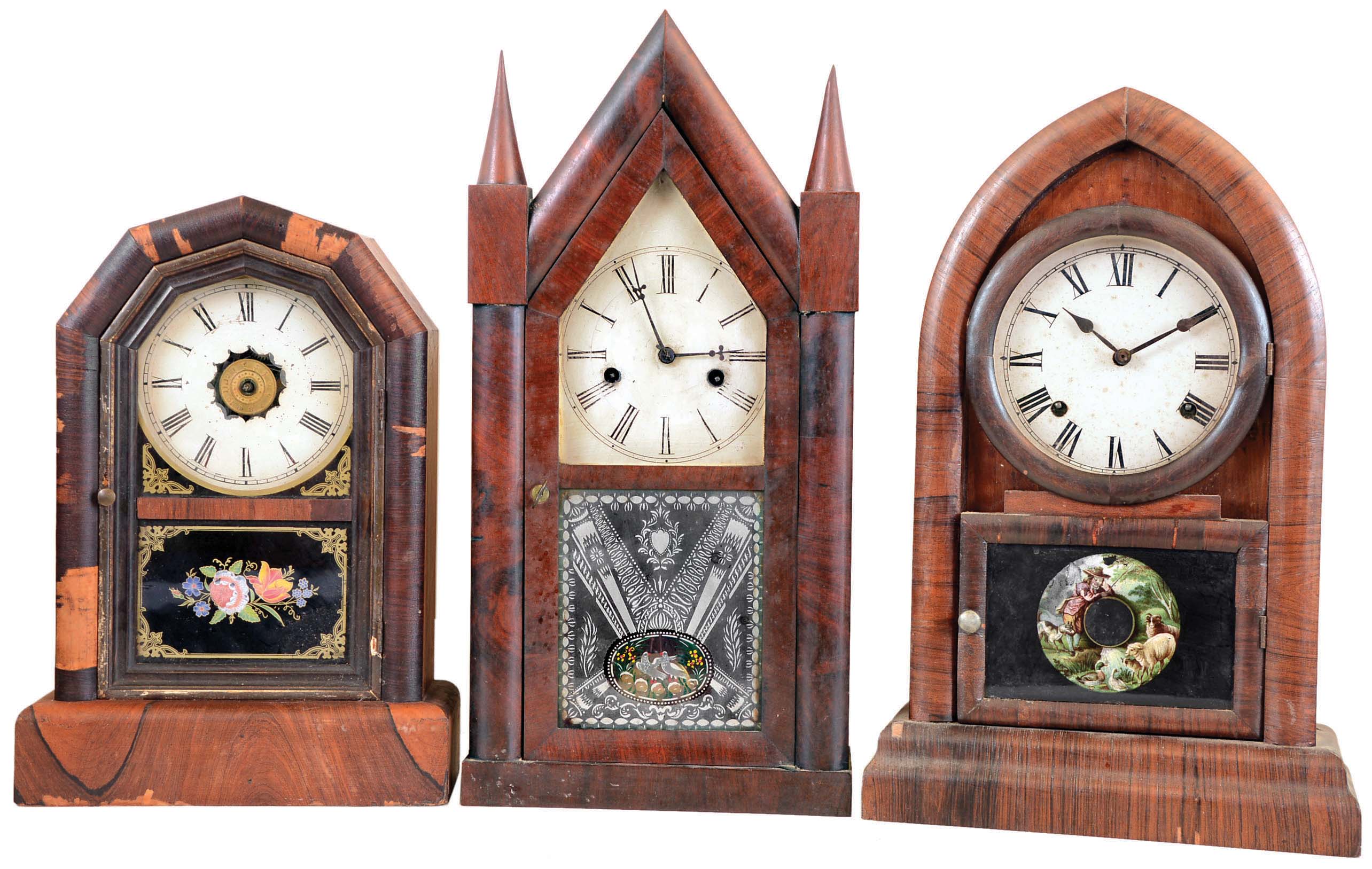 Clocks- 6 (Six) Connecticut shelf, time and strike: Terry & Andrews, Bristol, Conn., 30 hour steeple with Wm. B. Fenn tablet, c1848; E. N. Welch Mfg. Co, Forestville, Conn., 8 day "beehive", c1875; Gilbert "Citizen No. 19"; Ansonia 30 hour cottage; New Haven 8 day with alarm; New Haven 30 hour steeple; — Antique Clocks Price Guide