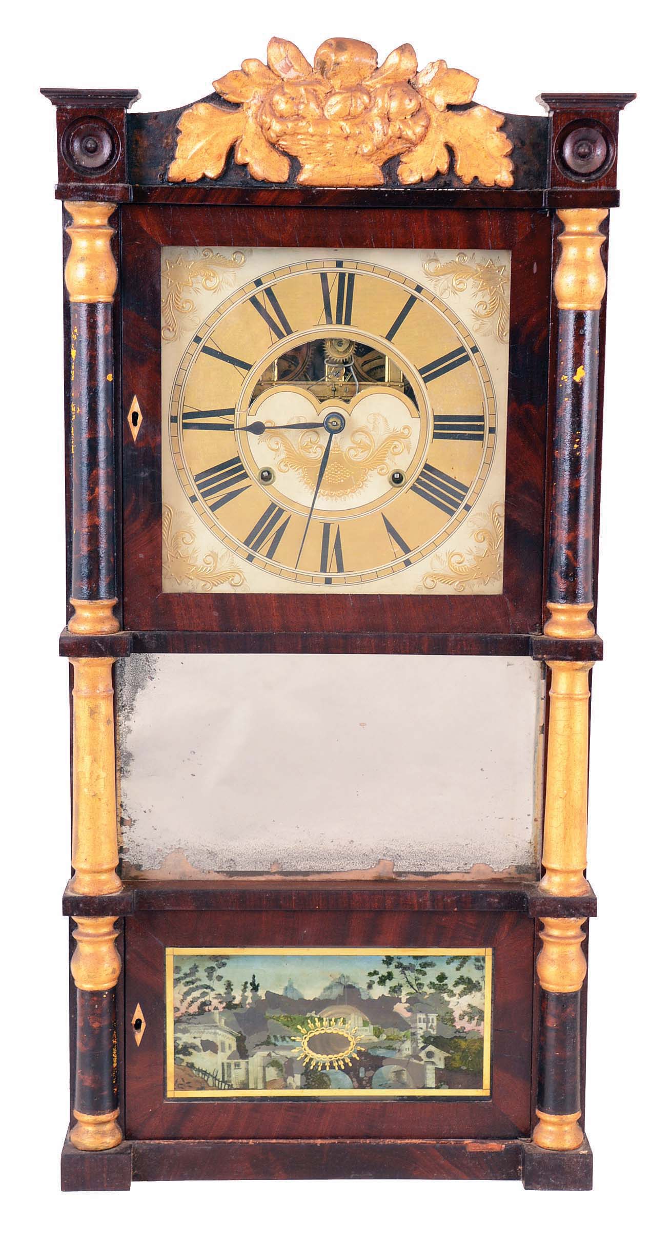 Birge, Case & Co., Bristol, Conn., 8 days, time and strike weight brass movement triple decker shelf clock. — Antique Clocks Price Guide