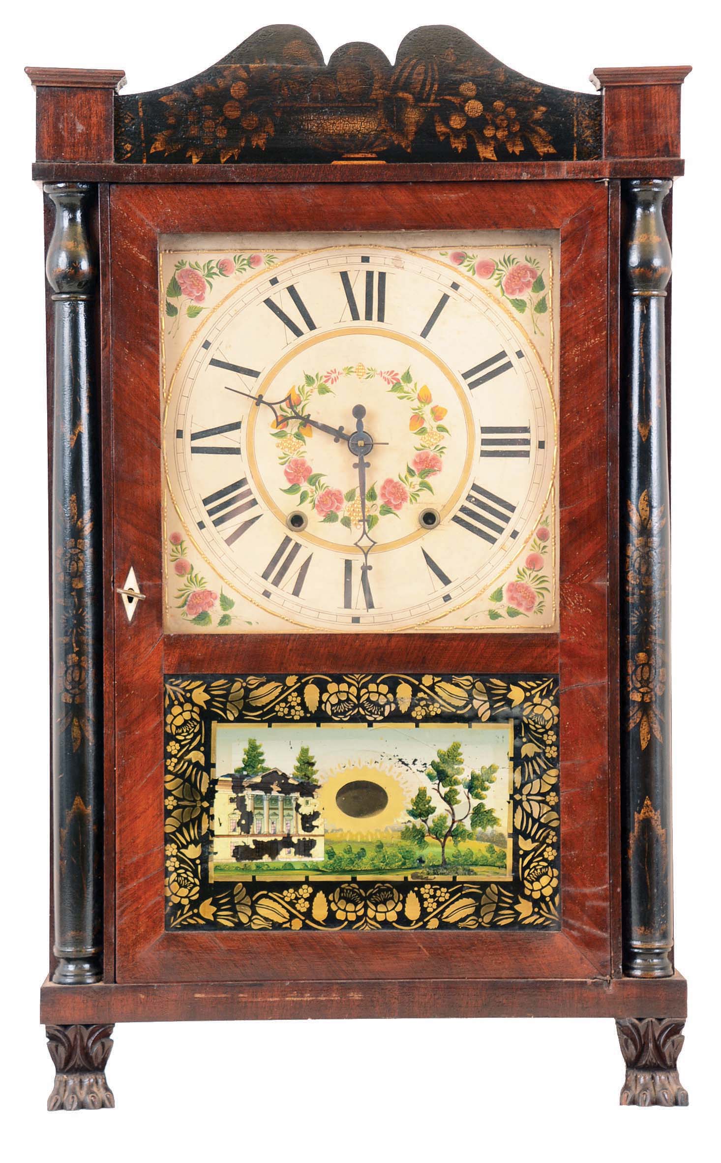 Asaph Hall, Goshen, Conn., 30 hours, time and strike weight wood movement half column & splat shelf clock. — Antique Clocks Price Guide