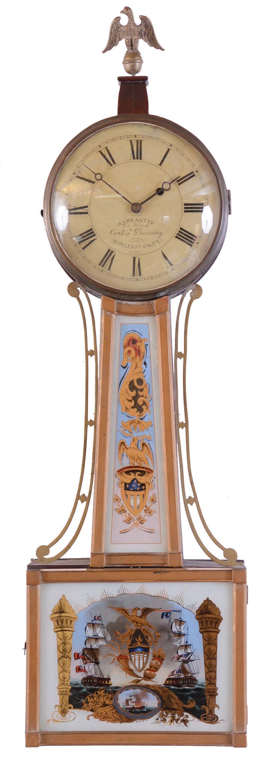 Vermont attribution, 8 day, brass weight movement patent or banjo timepiece with old and new parts. Dial is stamped: "Warrented by Curtis & Dunning, Burlington, VT". — Antique Clocks Price Guide