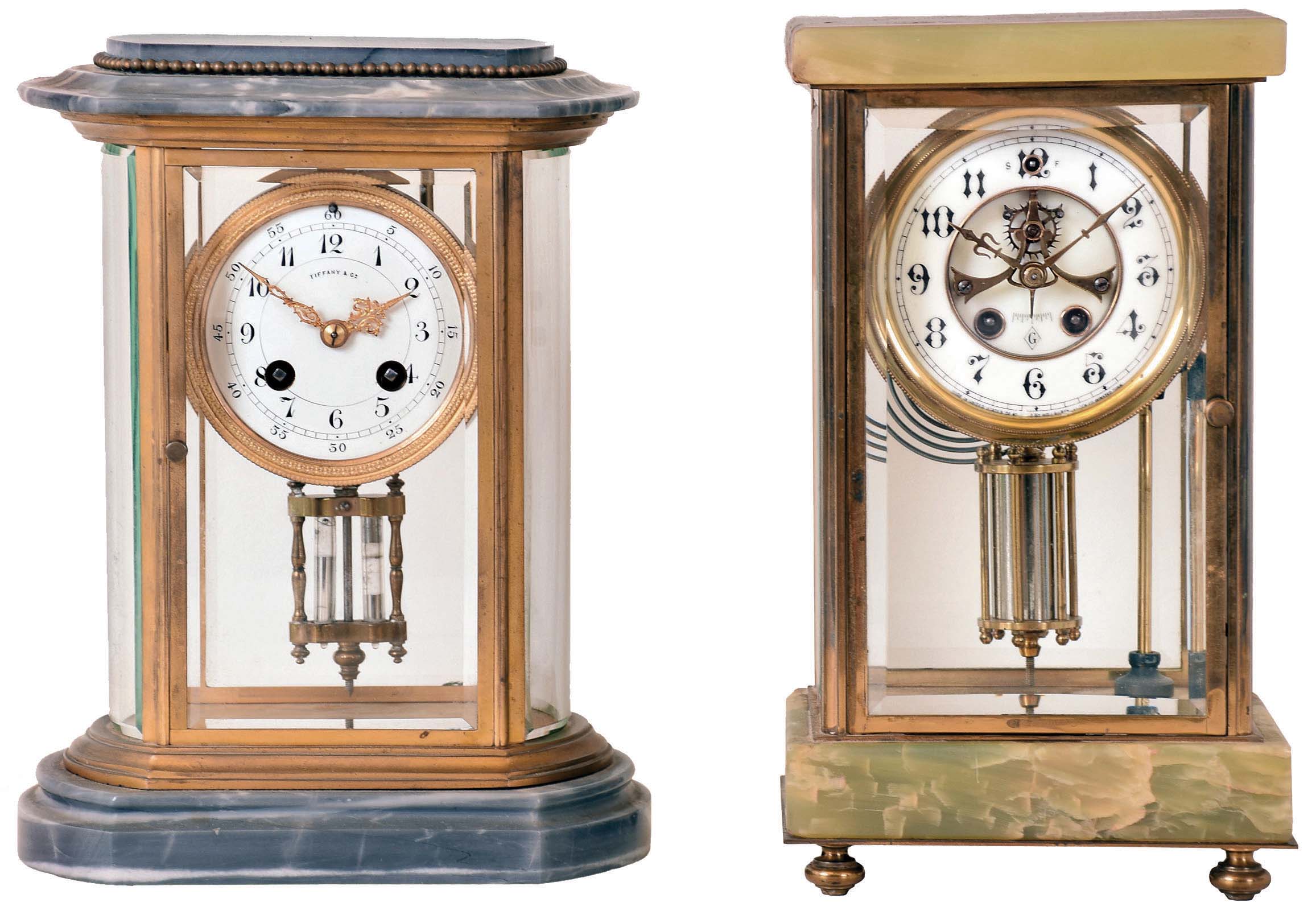 Clocks- 2 (Two): (1) William L. Gilbert Clock Co., Winsted, Conn., 8 days, time and strike spring brass movement crystal regulator. c1913 (2) French, Japy Freres, 8 days, time and strike spring brass movement crystal regulator. Retailed by Tiffany & Co., New York. c1900 — Antique Clocks Price Guide