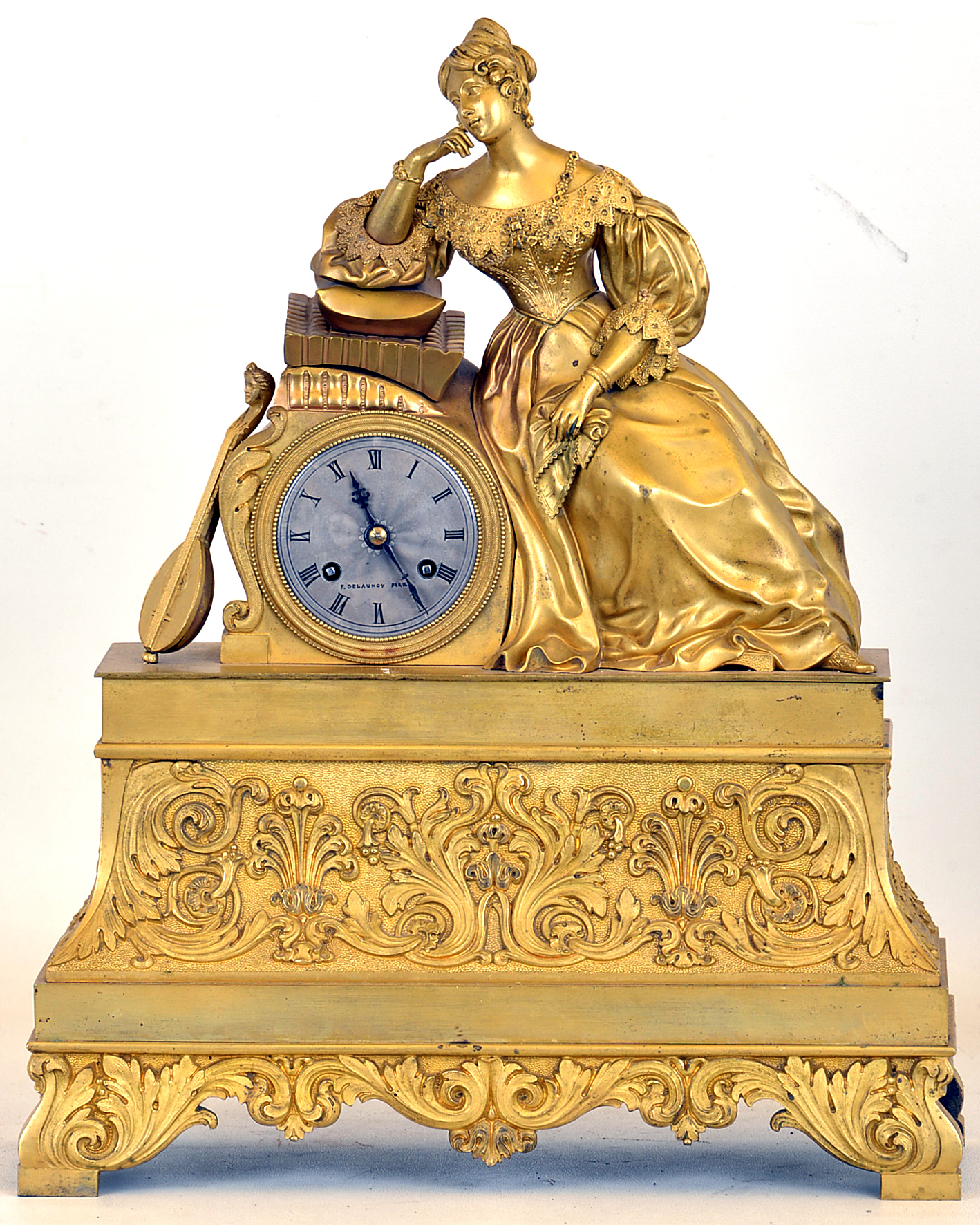 French, 8 days, time and strike spring brass movement with silk thread suspension gilded cast brass case figural mantel clock. — Antique Clocks Price Guide