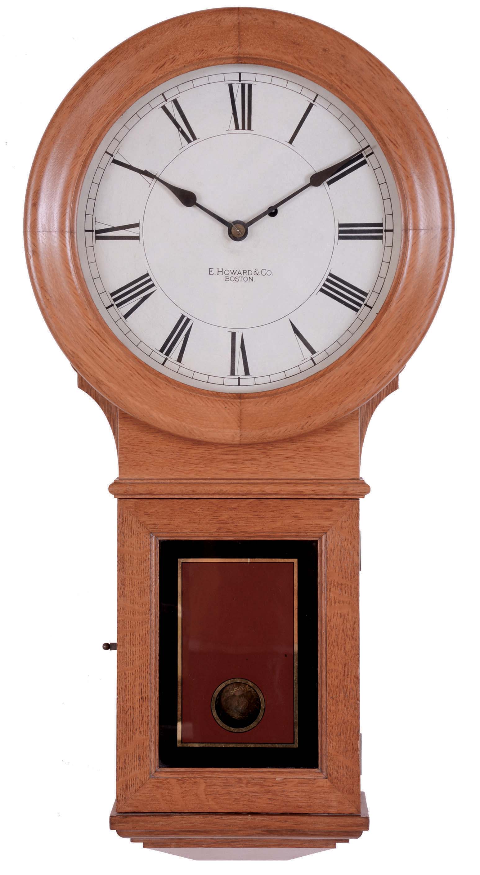 E. Howard & Co., Boston, Mass., "Regulator No. 70" wall hanging clock with a weight driven 8 days timepiece movement in a oak case. — Antique Clocks Price Guide