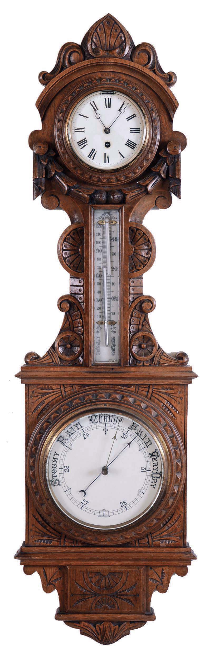 Barometer and time piece (clock) , English, in a carved oak case with enamel thermometer and surmounted by a spring driven time only movement with balance and a 5" white enamel dial — Antique Clocks Price Guide