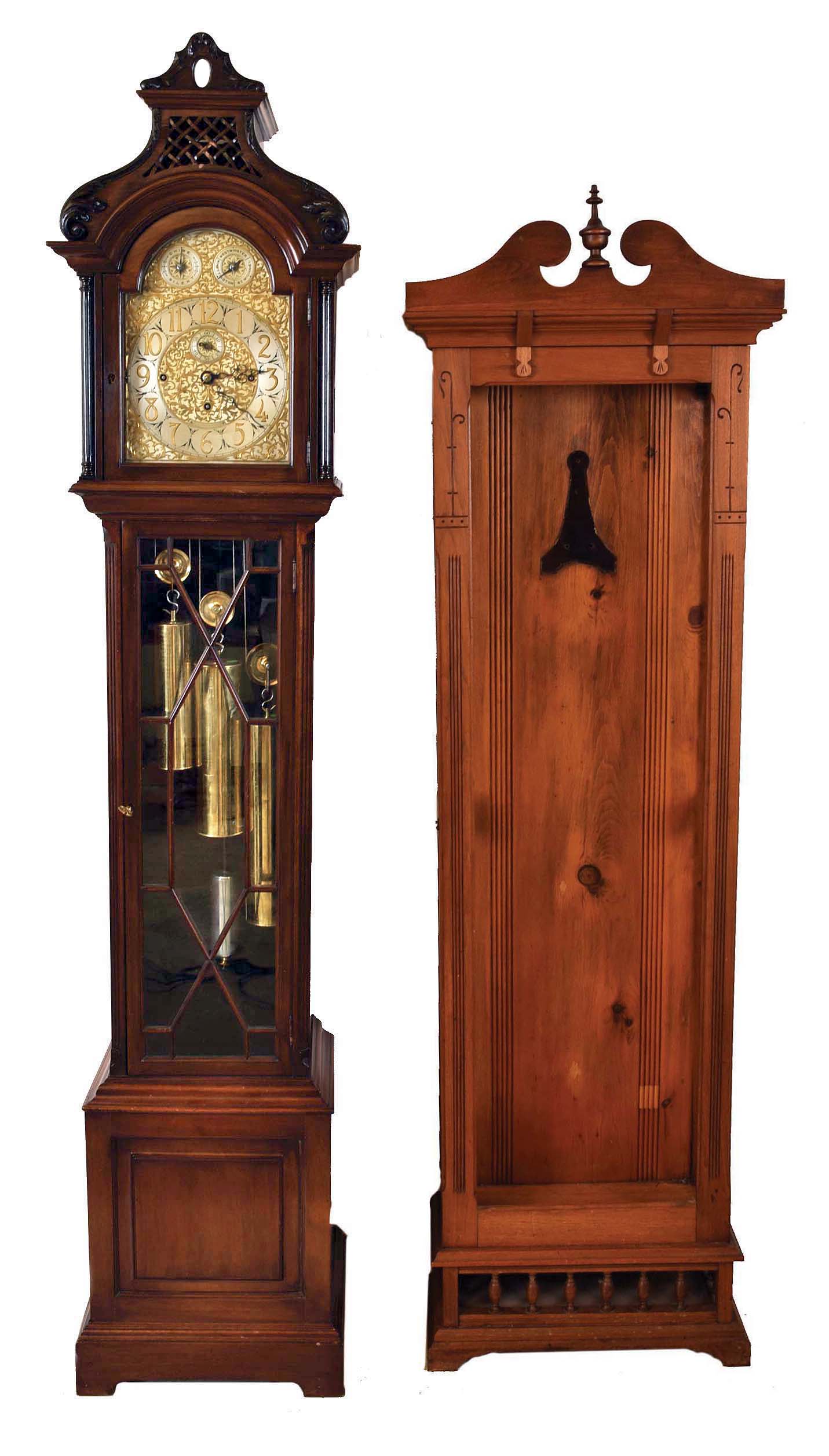 Tall Clock and a Regulator Case (only) - (1) Mappin & Webb, England hall clock 8 days, time, strike and chiming three tunes on 9 tubes (tubes not included) , in glazed mahogany case with carved pagoda top. The brass dial has silvered chapter ring, strike / silent selector and tune selector disc for Westminster, Whittington and St. Michaels, circa 1915; (2) Walnut pinwheel regulator case (only) , circa 1890 — Antique Clocks Price Guide