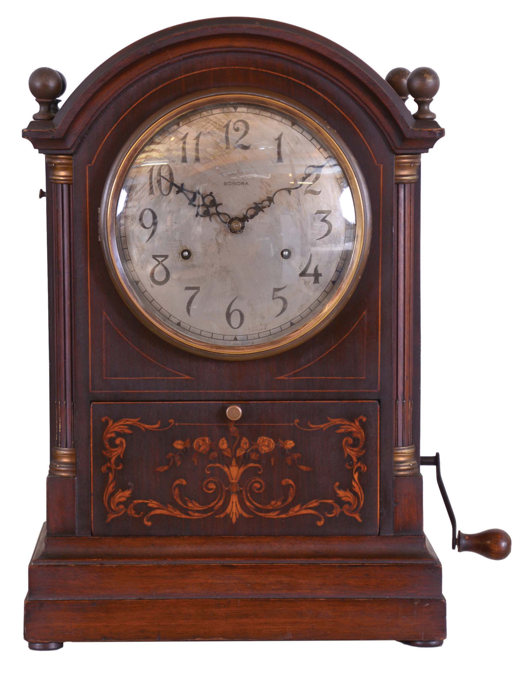 Sonora Chime Co., New York, 8 days, time and strike spring brass movement Sonora chime striking on 10 tuned bells bracket clock. The Sonora Chime Co. was making chime movements and purchasing clock movements from the New Haven Clock Co. and casing them up. This is before Seth Thomas purchased the rights from Sonora to make the movements in 1912. — Antique Clocks Price Guide